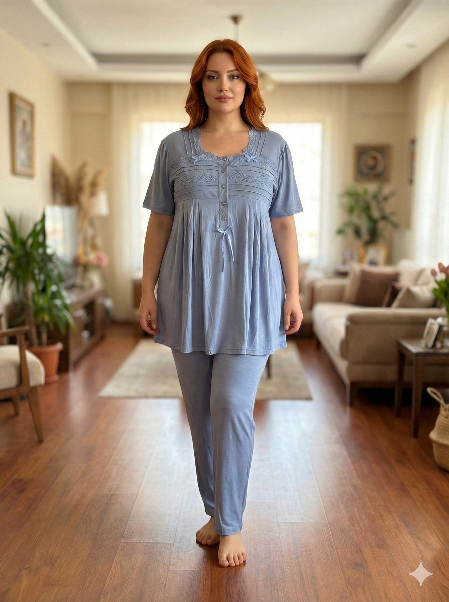 Yeni Sezon Havacı Mavi Yazlık Tasarım Düğme Detaylı Kısa Kol Büyük Beden (Battal Boy) Pijama Takımı 5630