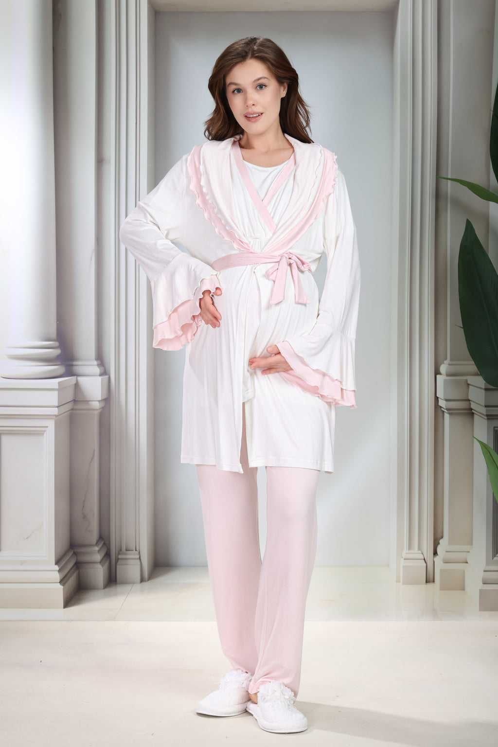 Yeni Sezon Pudra Şal Yaka Volanlı Yazlık Tasarım Kısa Kollu Hamile Lohusa Sabahlıklı Pijama Takımı Seti 2012
