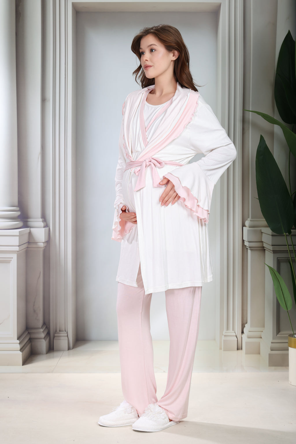 Yeni Sezon Pudra Şal Yaka Volanlı Yazlık Tasarım Kısa Kollu Hamile Lohusa Sabahlıklı Pijama Takımı Seti 2012