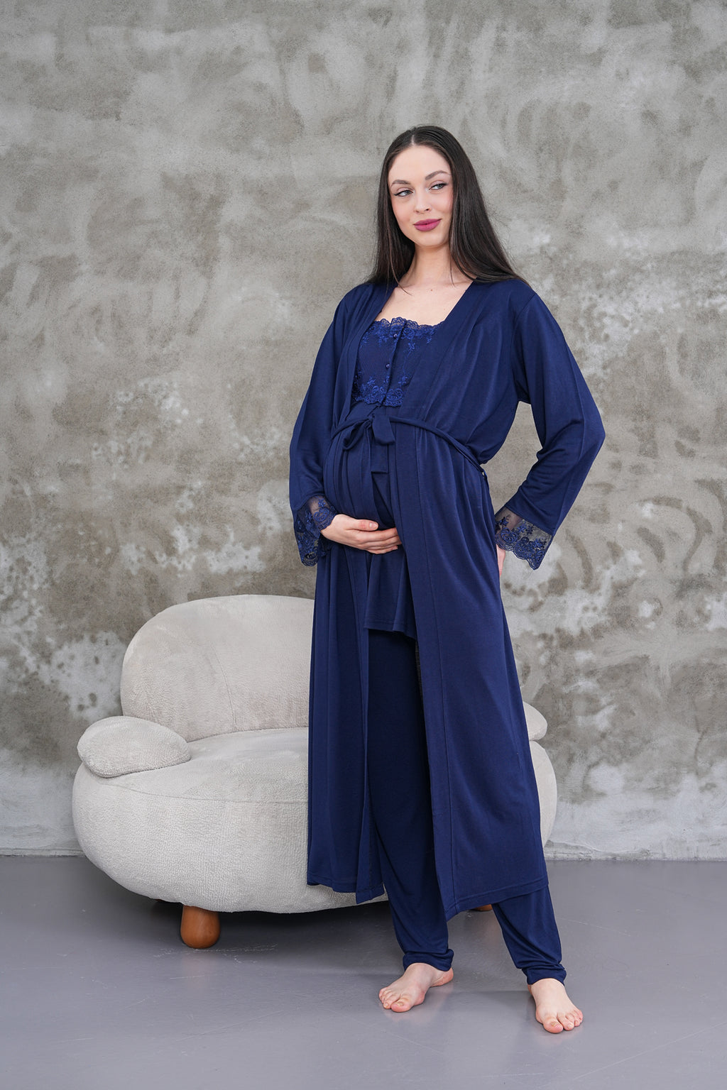 Yeni Sezon Lacivert Uzun Sabahlıklı Askılı Özel Tasarım Yazlık %100 Pamuk Hamile Lohusa Sabahlıklı Pijama Takımı Seti 2301