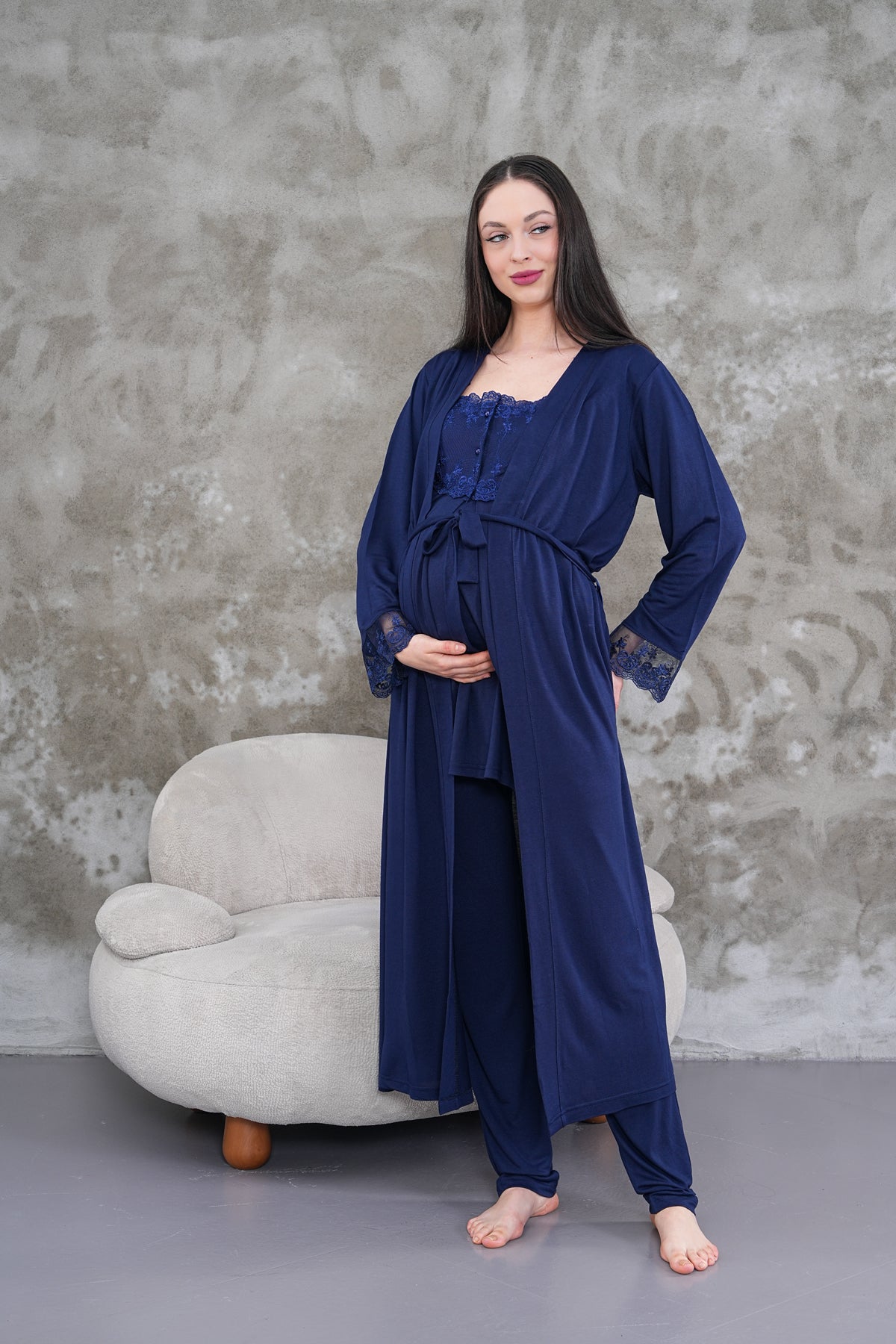Yeni Sezon Lacivert Uzun Sabahlıklı Askılı Özel Tasarım Yazlık %100 Pamuk Hamile Lohusa Sabahlıklı Pijama Takımı Seti 2301