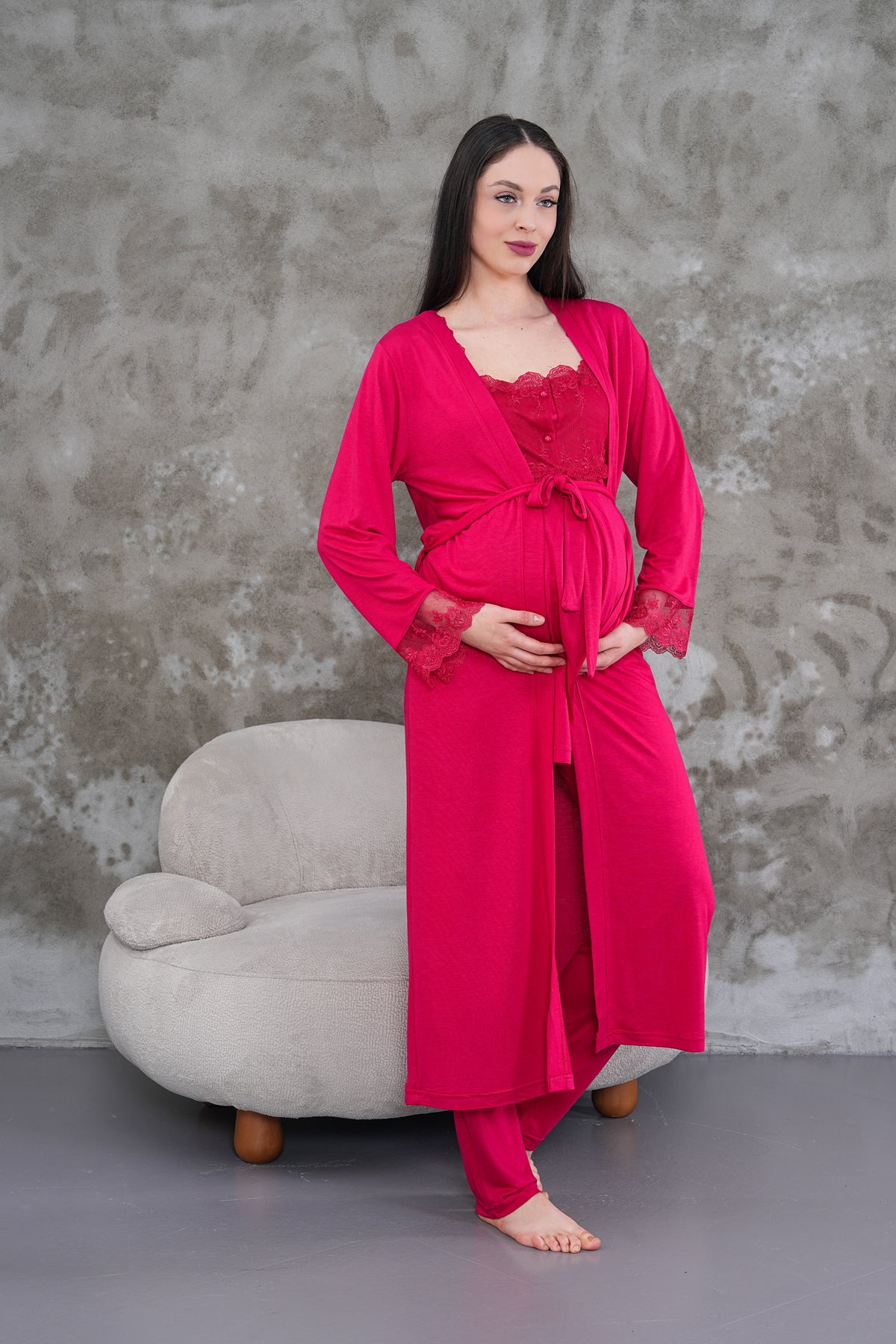 Yeni Sezon Fuşya Uzun Sabahlıklı Askılı Özel Tasarım Yazlık %100 Pamuk Hamile Lohusa Sabahlıklı Pijama Takımı Seti 2301