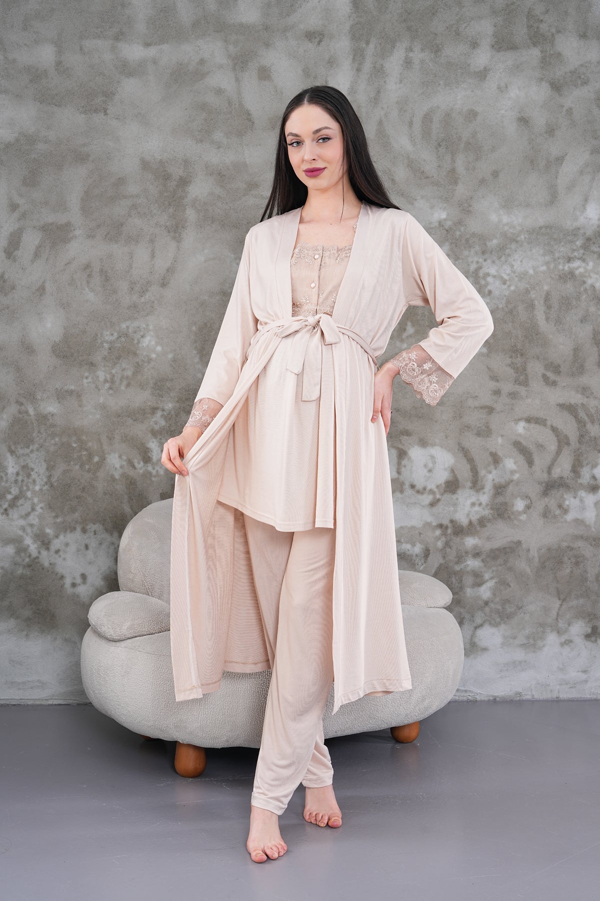 Yeni Sezon Bej Uzun Sabahlıklı Askılı Özel Tasarım Yazlık %100 Pamuk Hamile Lohusa Sabahlıklı Pijama Takımı Seti 2301