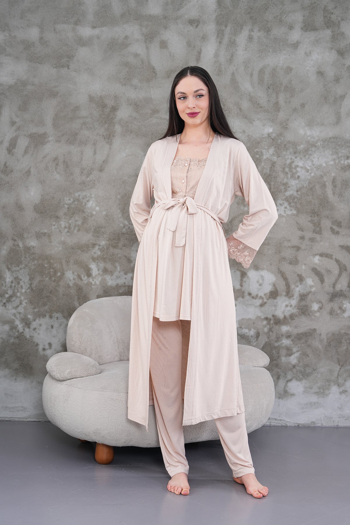 Yeni Sezon Bej Uzun Sabahlıklı Askılı Özel Tasarım Yazlık %100 Pamuk Hamile Lohusa Sabahlıklı Pijama Takımı Seti 2301