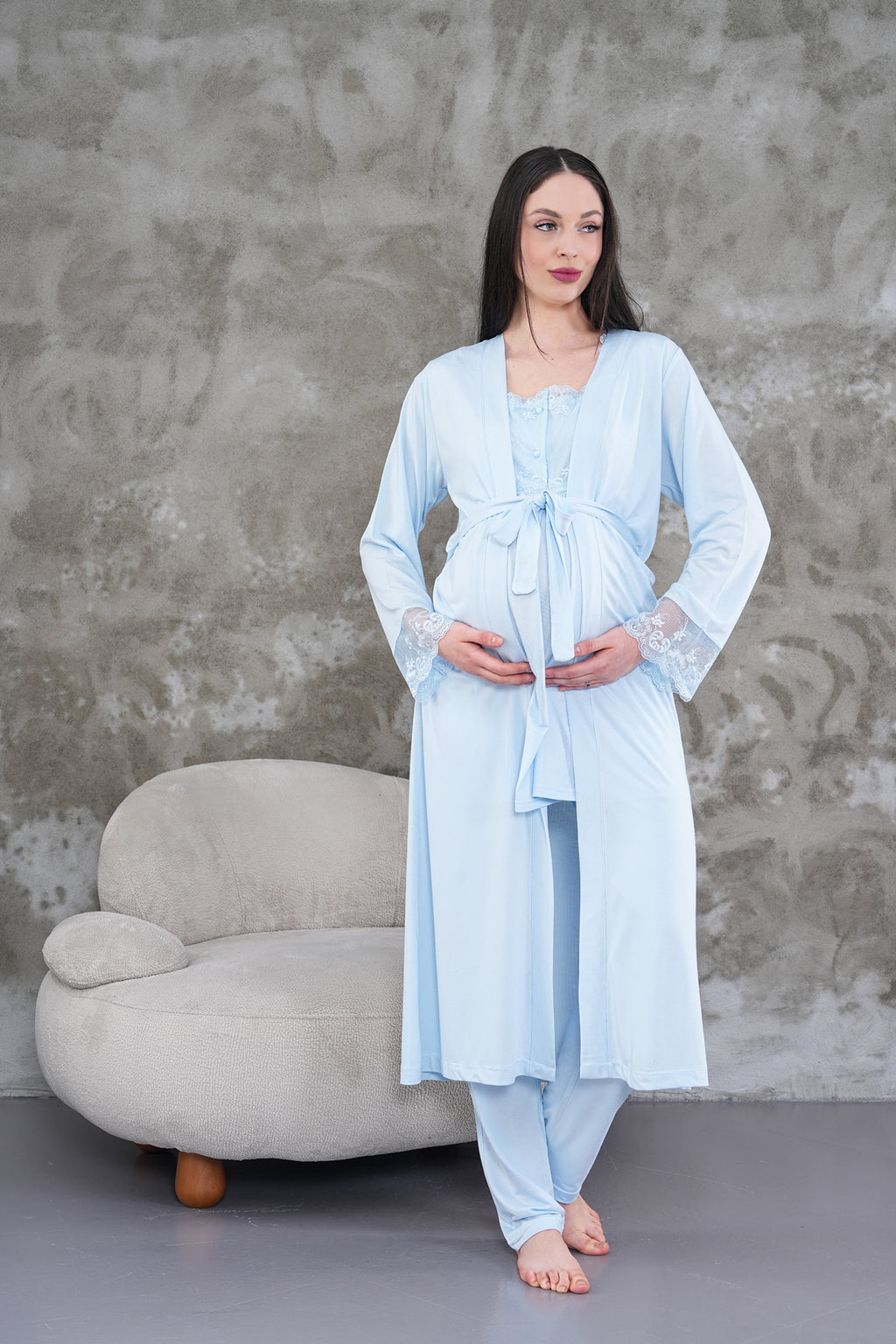 Yeni Sezon Mavi Uzun Sabahlıklı Askılı Özel Tasarım Yazlık %100 Pamuk Hamile Lohusa Sabahlıklı Pijama Takımı Seti 2301