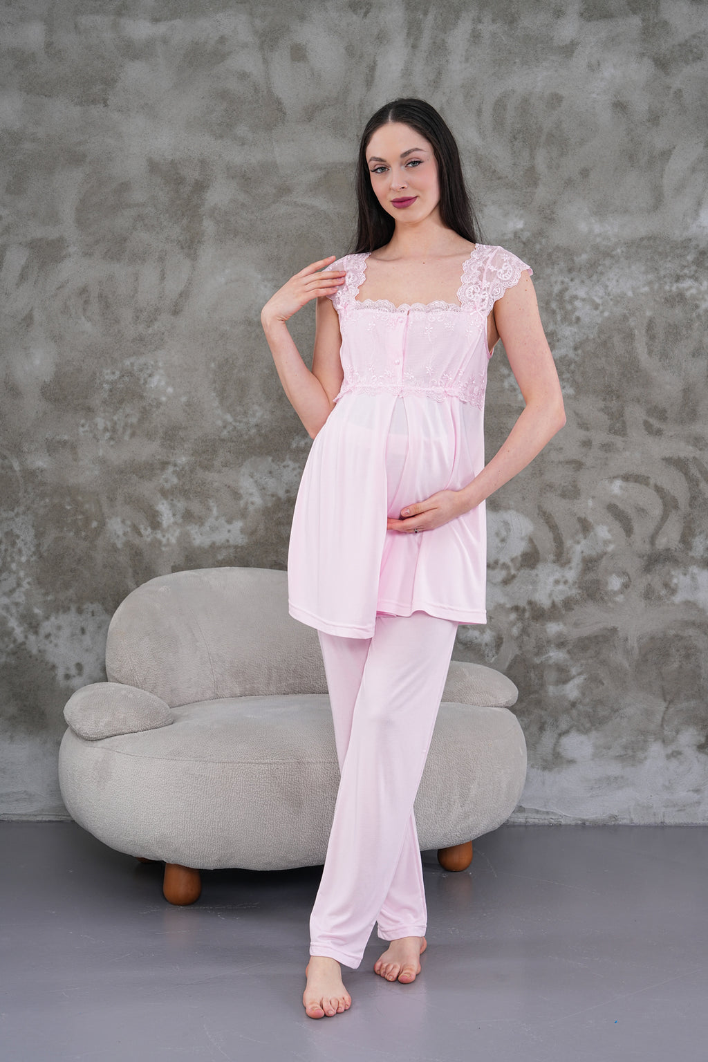 Yeni Sezon Pembe Uzun Sabahlıklı Askılı Özel Tasarım Yazlık %100 Pamuk Hamile Lohusa Sabahlıklı Pijama Takımı Seti 2301