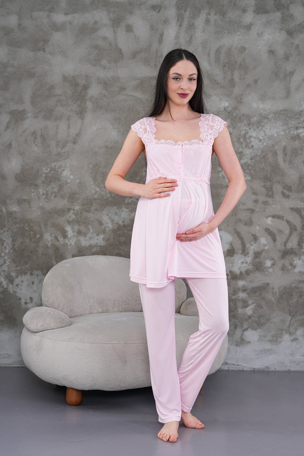Yeni Sezon Pembe Uzun Sabahlıklı Askılı Özel Tasarım Yazlık %100 Pamuk Hamile Lohusa Sabahlıklı Pijama Takımı Seti 2301
