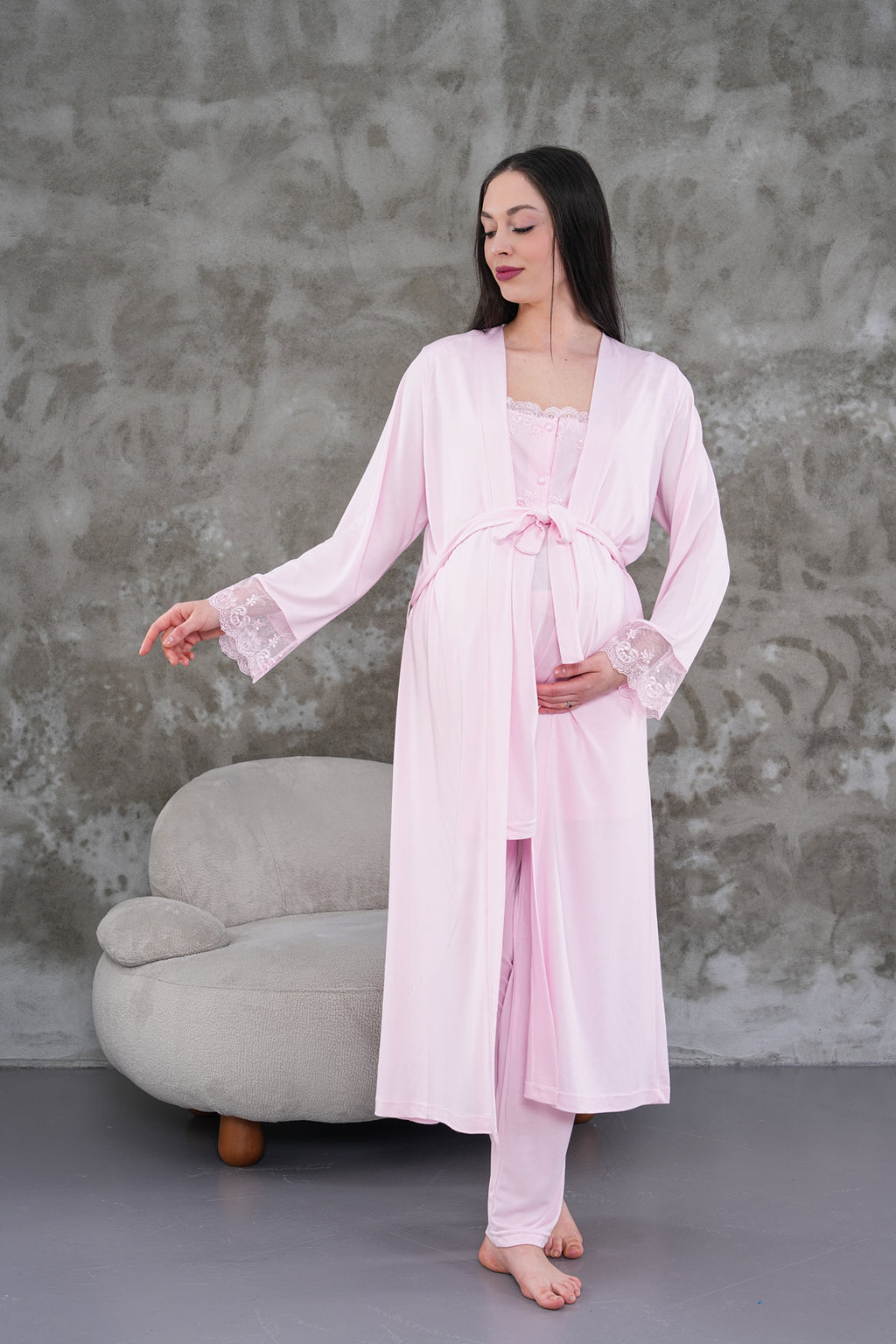 Yeni Sezon Pembe Uzun Sabahlıklı Askılı Özel Tasarım Yazlık %100 Pamuk Hamile Lohusa Sabahlıklı Pijama Takımı Seti 2301