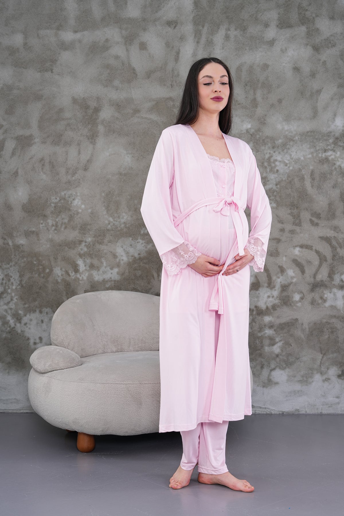 Yeni Sezon Pembe Uzun Sabahlıklı Askılı Özel Tasarım Yazlık %100 Pamuk Hamile Lohusa Sabahlıklı Pijama Takımı Seti 2301