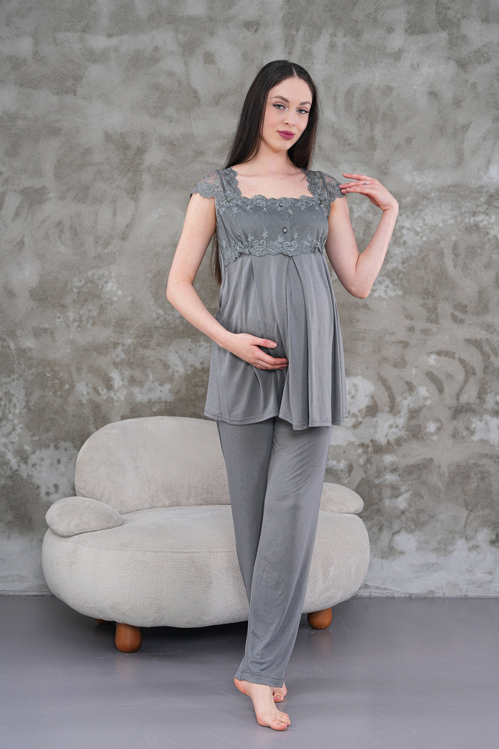 Yeni Sezon Füme Uzun Sabahlıklı Askılı Özel Tasarım Yazlık %100 Pamuk Hamile Lohusa Sabahlıklı Pijama Takımı Seti 2301