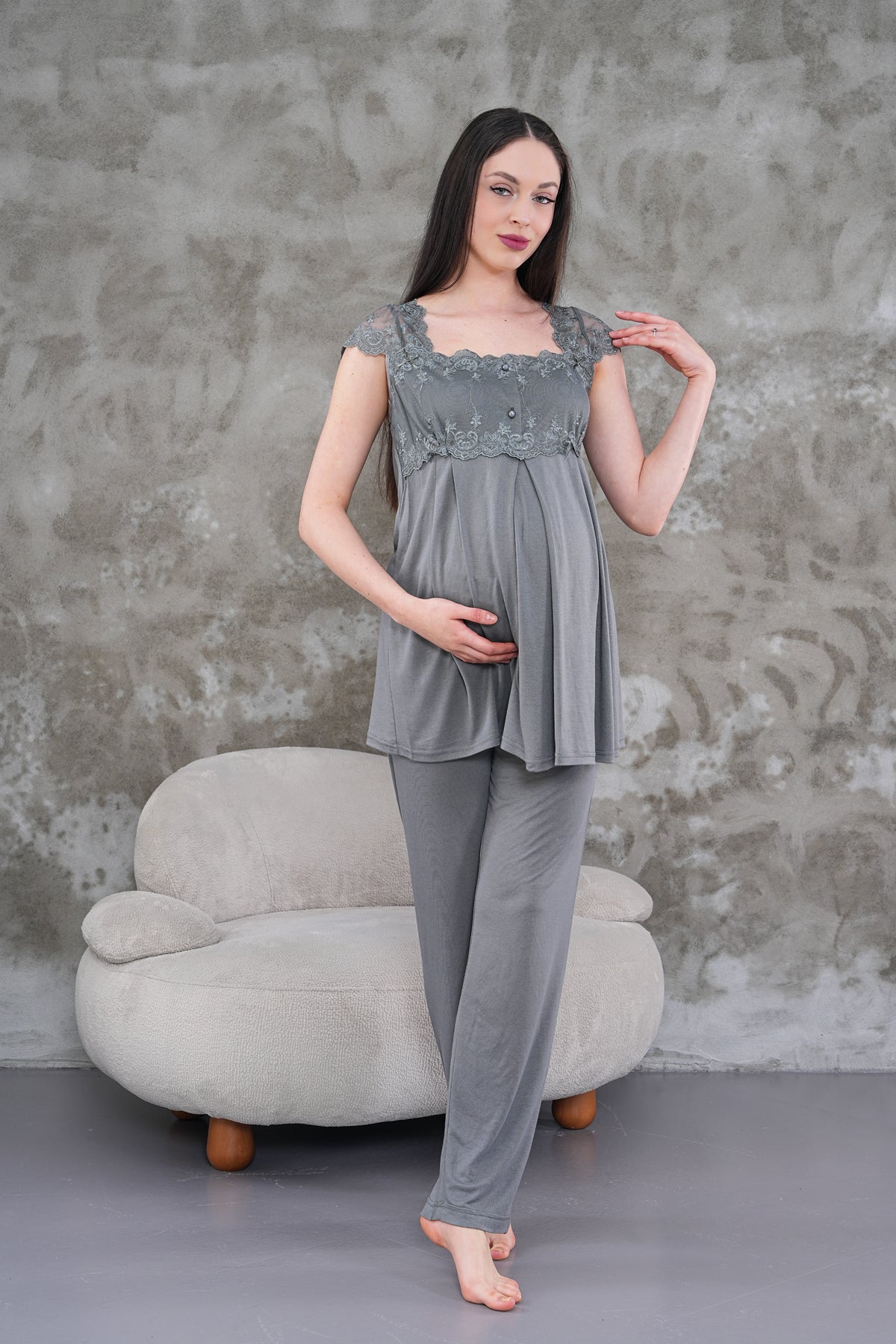 Yeni Sezon Füme Uzun Sabahlıklı Askılı Özel Tasarım Yazlık %100 Pamuk Hamile Lohusa Sabahlıklı Pijama Takımı Seti 2301
