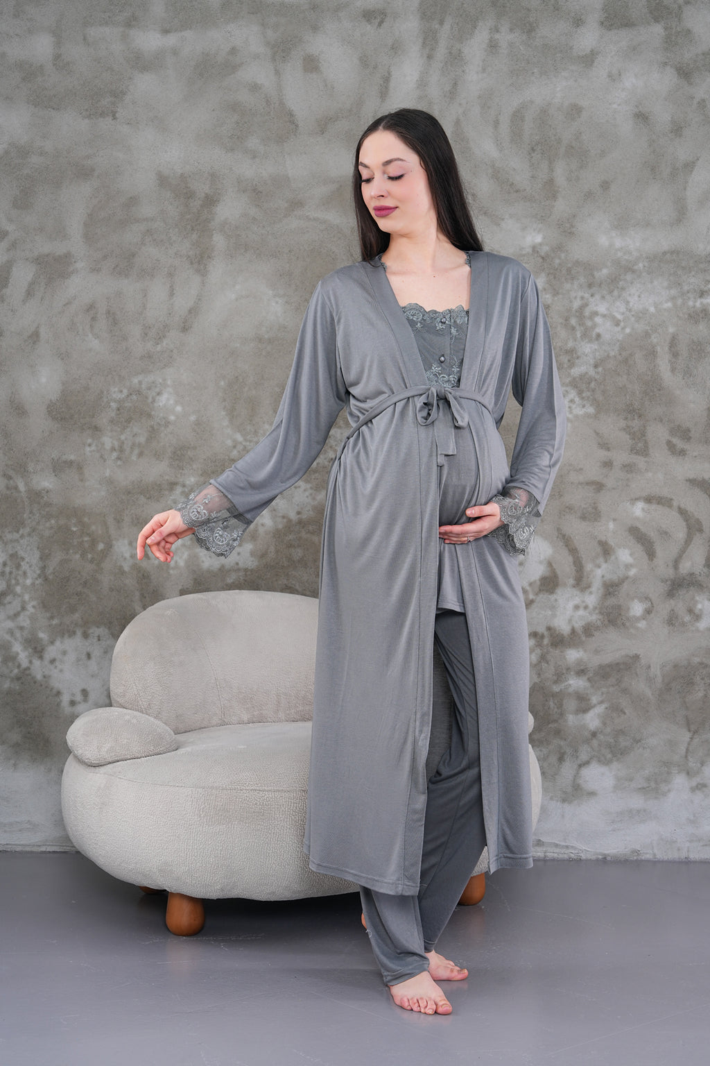 Yeni Sezon Füme Uzun Sabahlıklı Askılı Özel Tasarım Yazlık %100 Pamuk Hamile Lohusa Sabahlıklı Pijama Takımı Seti 2301