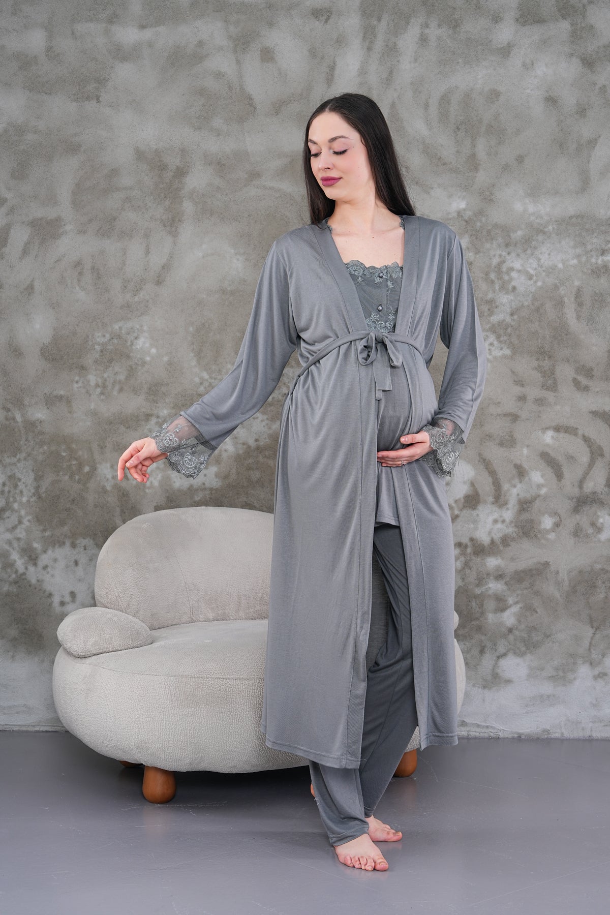Yeni Sezon Füme Uzun Sabahlıklı Askılı Özel Tasarım Yazlık %100 Pamuk Hamile Lohusa Sabahlıklı Pijama Takımı Seti 2301