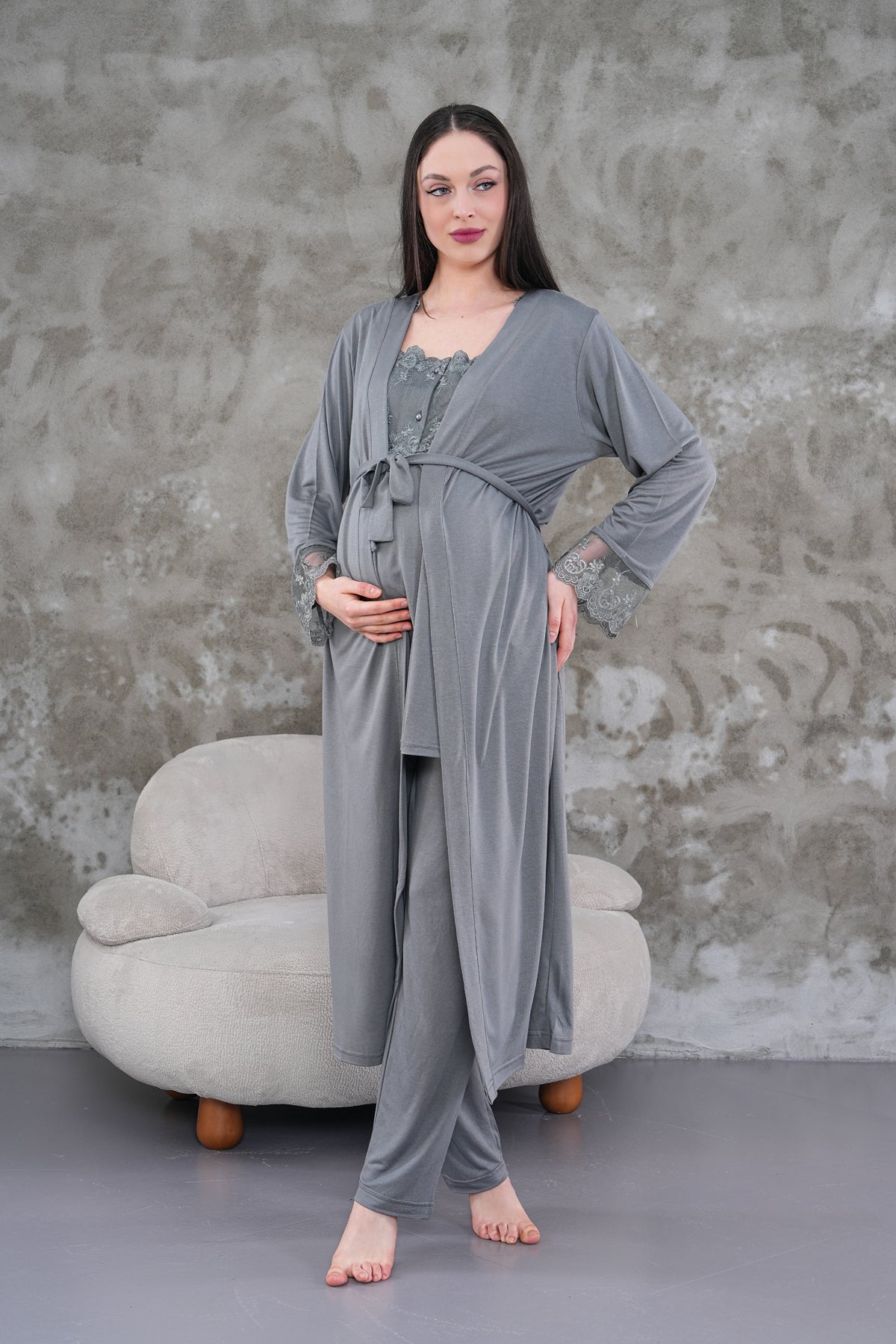 Yeni Sezon Füme Uzun Sabahlıklı Askılı Özel Tasarım Yazlık %100 Pamuk Hamile Lohusa Sabahlıklı Pijama Takımı Seti 2301
