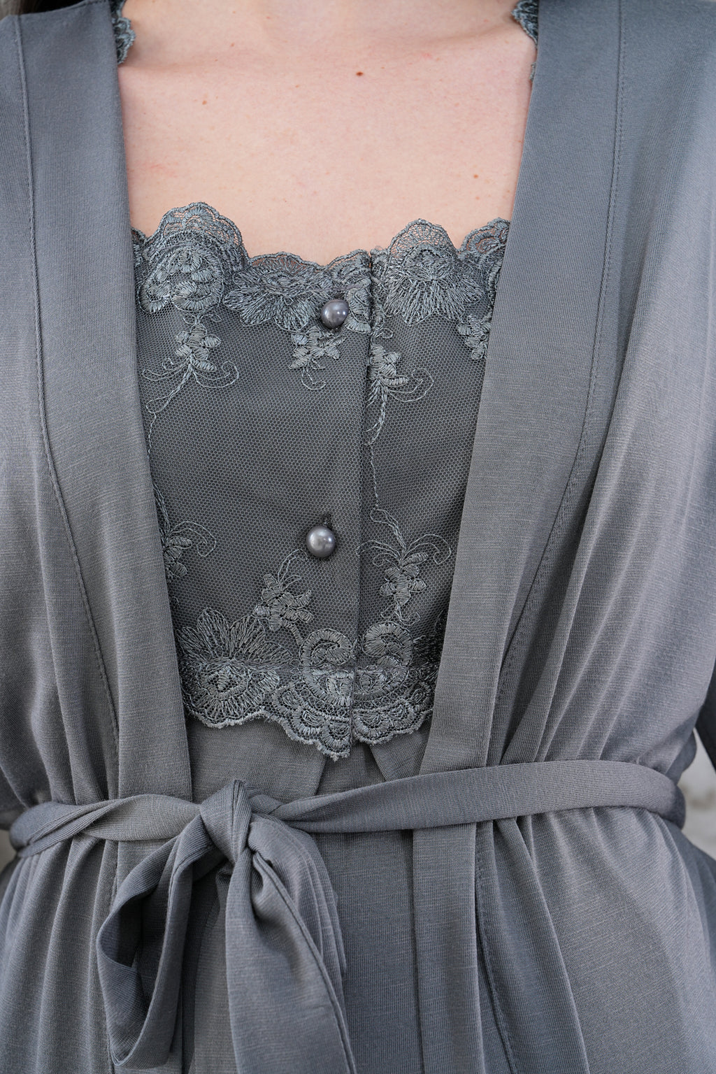 Yeni Sezon Füme Uzun Sabahlıklı Askılı Özel Tasarım Yazlık %100 Pamuk Hamile Lohusa Sabahlıklı Pijama Takımı Seti 2301