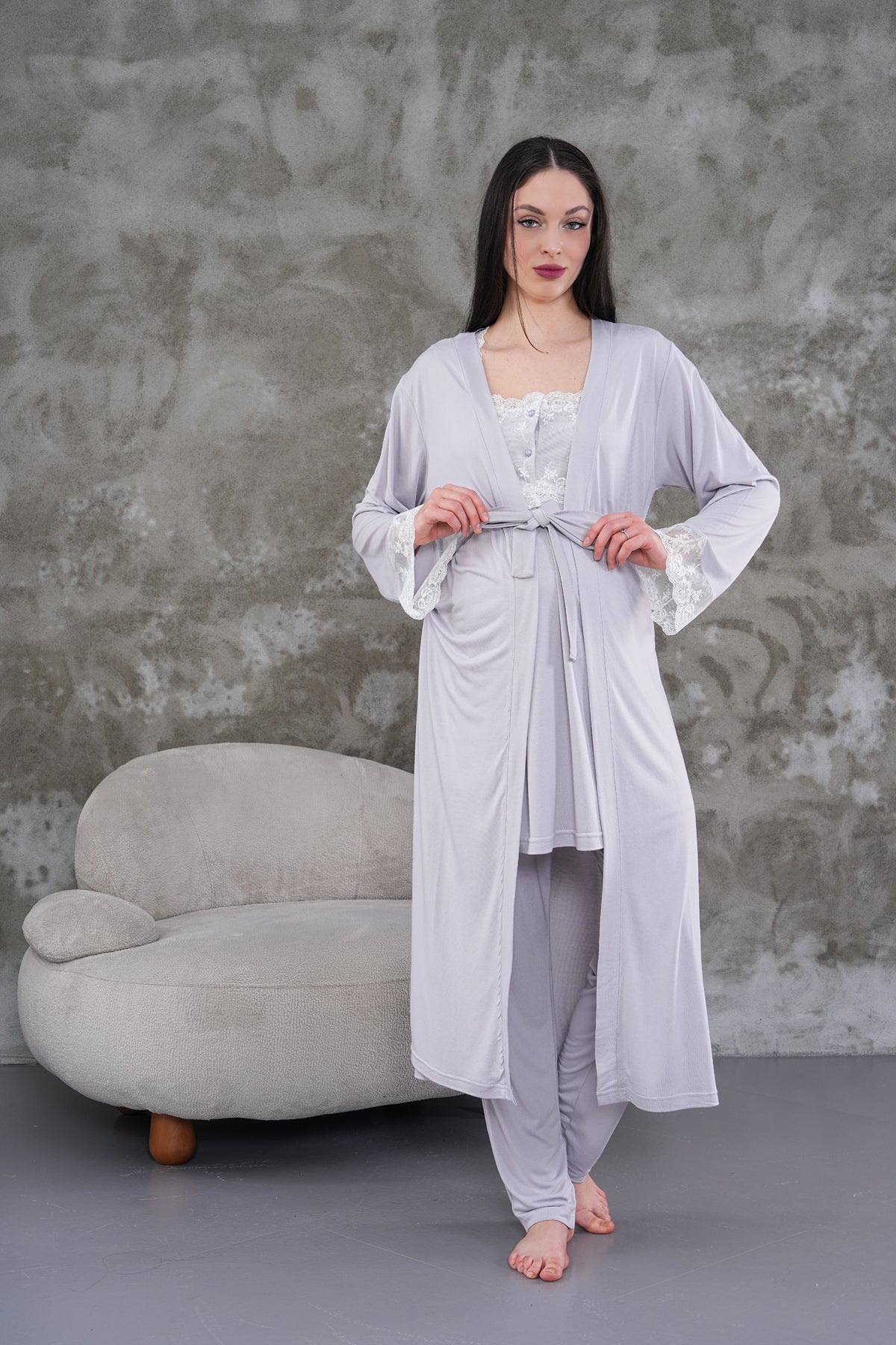 Yeni Sezon Gri Uzun Sabahlıklı Askılı Özel Tasarım Yazlık %100 Pamuk Hamile Lohusa Sabahlıklı Pijama Takımı Seti 2301