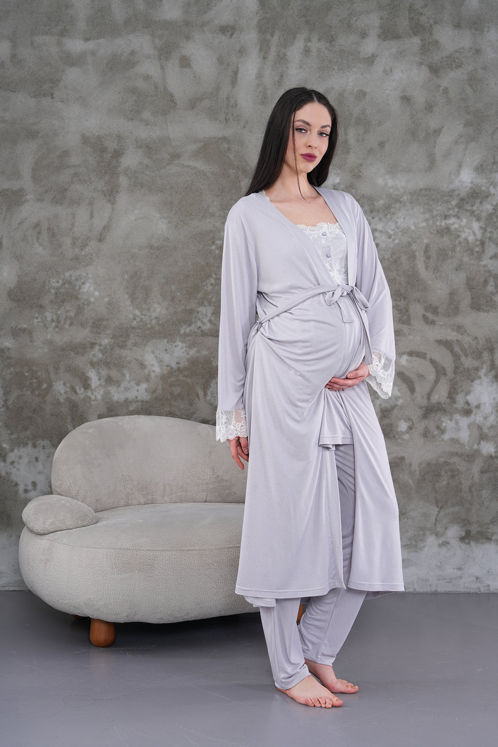 Yeni Sezon Gri Uzun Sabahlıklı Askılı Özel Tasarım Yazlık %100 Pamuk Hamile Lohusa Sabahlıklı Pijama Takımı Seti 2301