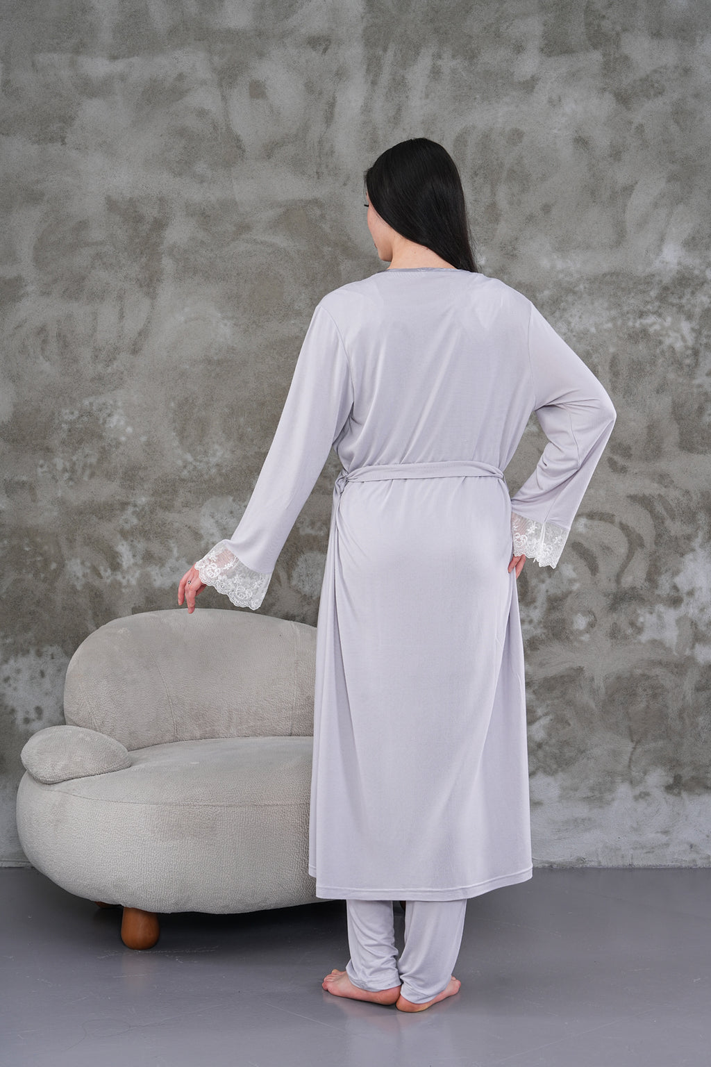 Yeni Sezon Gri Uzun Sabahlıklı Askılı Özel Tasarım Yazlık %100 Pamuk Hamile Lohusa Sabahlıklı Pijama Takımı Seti 2301