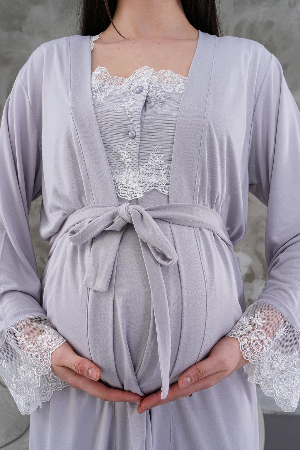 Yeni Sezon Gri Uzun Sabahlıklı Askılı Özel Tasarım Yazlık %100 Pamuk Hamile Lohusa Sabahlıklı Pijama Takımı Seti 2301