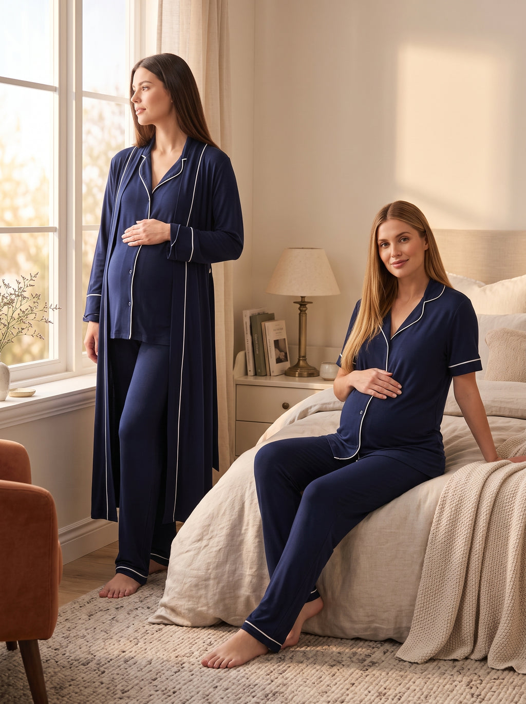 Yeni Sezon Lacivert Boydan Düğmeli Yazlık Tasarım Biyeli Kısa Kollu %100 Pamuk Hamile Lohusa Sabahlıklı Pijama Takımı Seti 18068