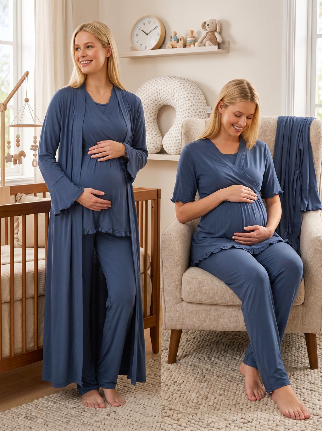 Yeni Sezon Lacivert Uzun Sabahlıklı Kruvaze Yakalı Özel Tasarım Emzirme Özellikli %100 Pamuk Hamile Lohusa Sabahlıklı Pijama Takımı Seti 13034