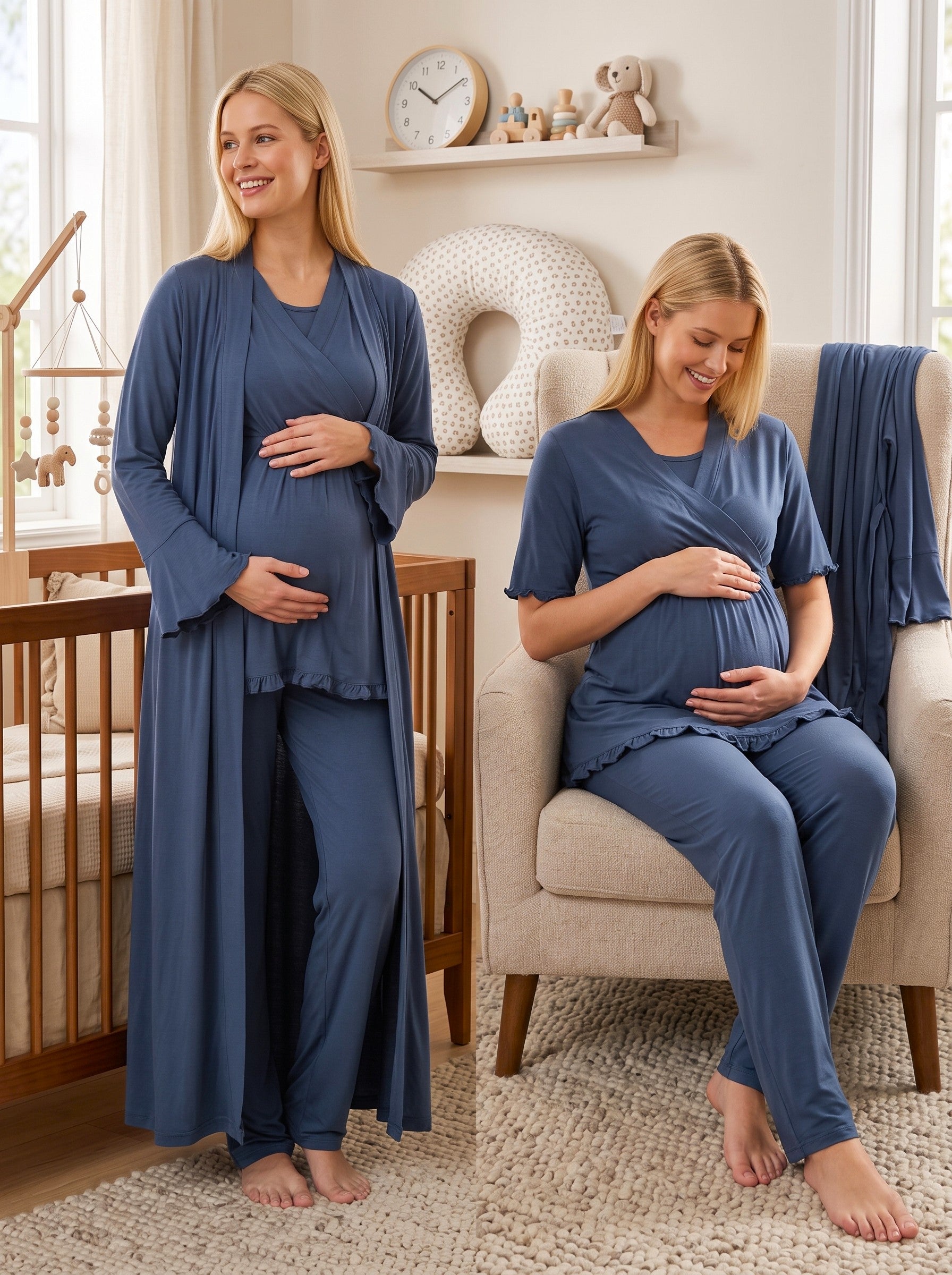 Yeni Sezon Lacivert Uzun Sabahlıklı Kruvaze Yakalı Özel Tasarım Emzirme Özellikli %100 Pamuk Hamile Lohusa Sabahlıklı Pijama Takımı Seti 13034