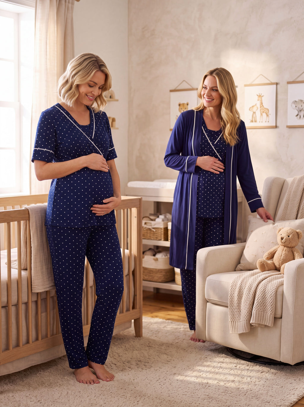 Yeni Sezon Lacivert Puantiyeli Kolay Emzirme Özellikli Tasarım Kısa Kollu %100 Pamuk Hamile Lohusa Sabahlıklı Pijama Takımı Seti 12084