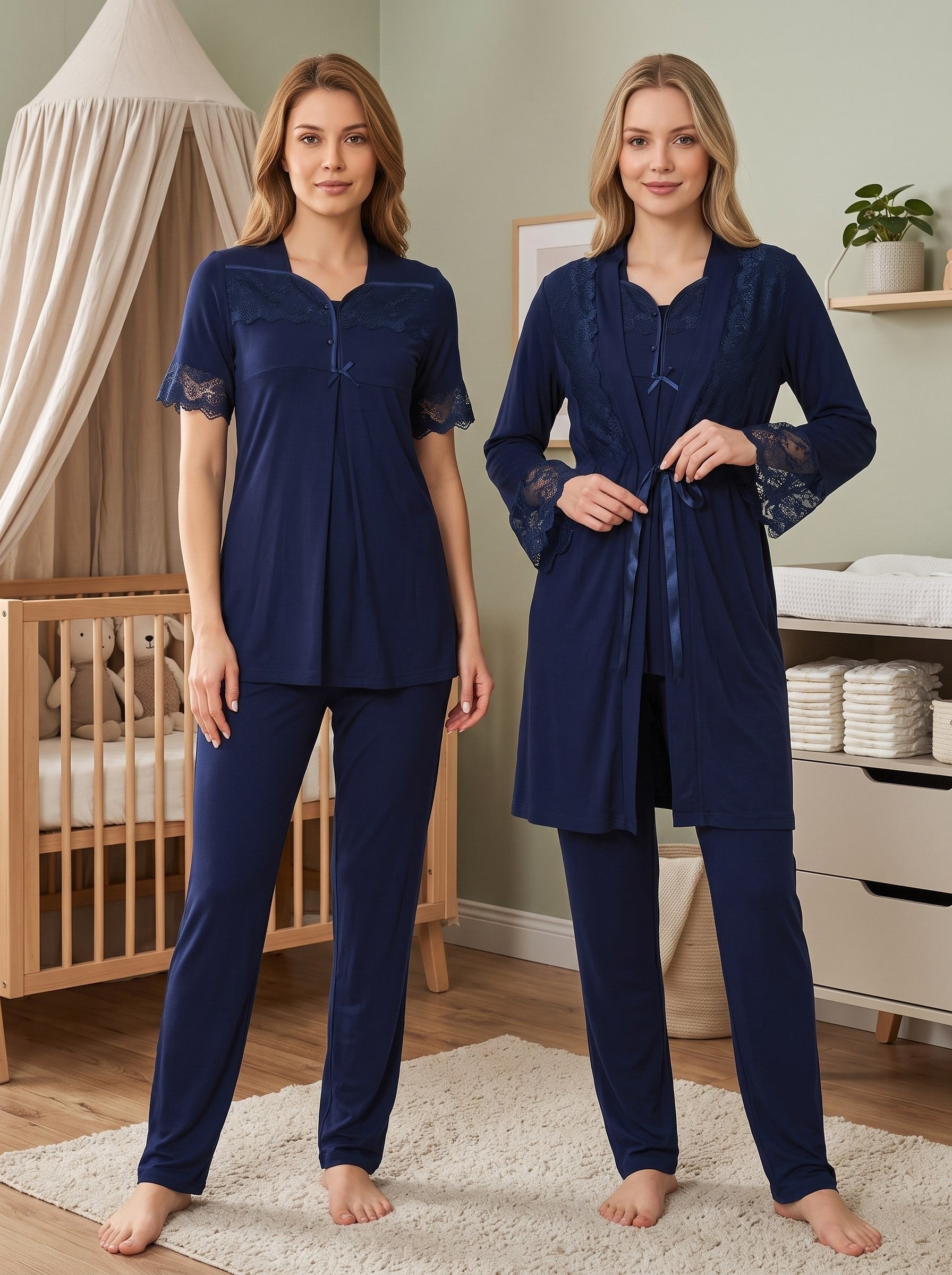 Yeni Sezon Lacivert Şık Dantel Detaylı Emzirme Özellikli Tasarım Kısa Kollu Hamile Lohusa Sabahlıklı Pijama Takımı Seti 19014