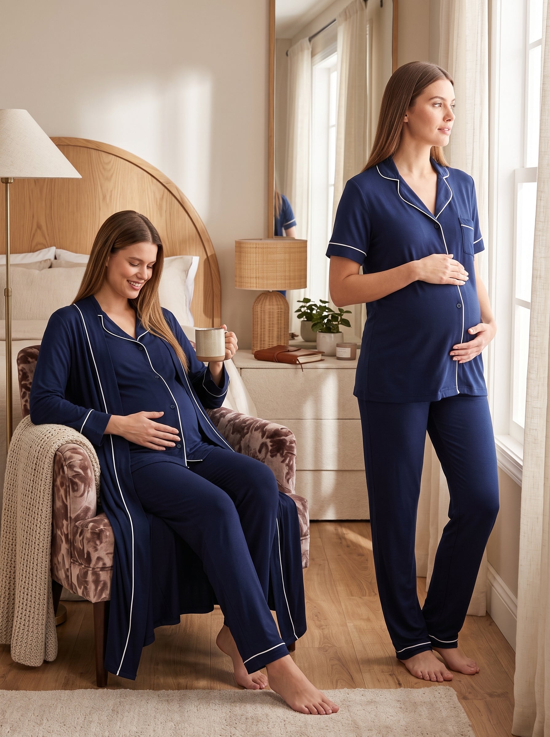 Yeni Sezon Lacivert Boydan Düğmeli Yazlık Tasarım Biyeli Kısa Kollu %100 Pamuk Hamile Lohusa Sabahlıklı Pijama Takımı Seti 18068