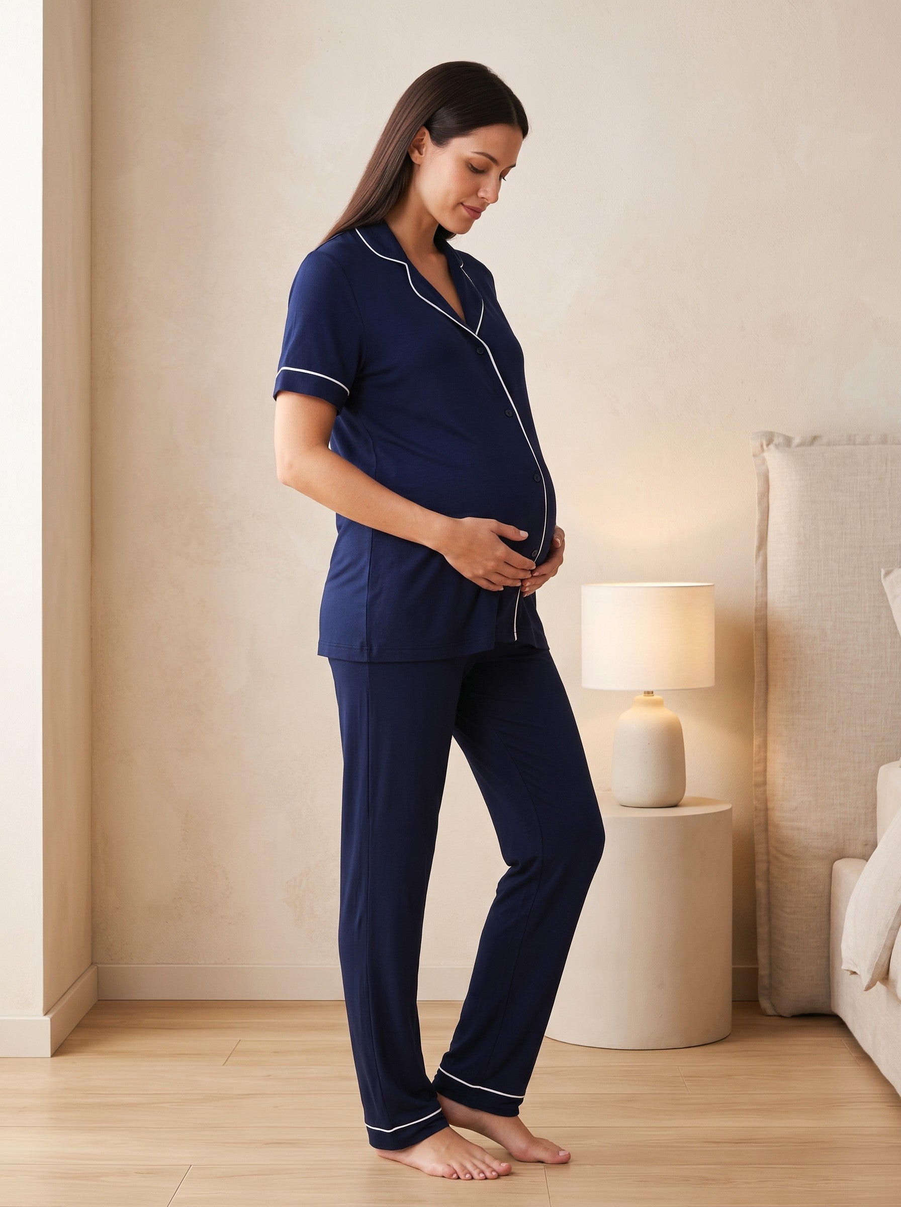 Yeni Sezon Lacivert Emzirme Özellikli Ayarlanabilir Bel Düğmeli Özel Tasarım Kısa Kollu %100 Pamuk Hamile Lohusa Pijama Takımı 18069