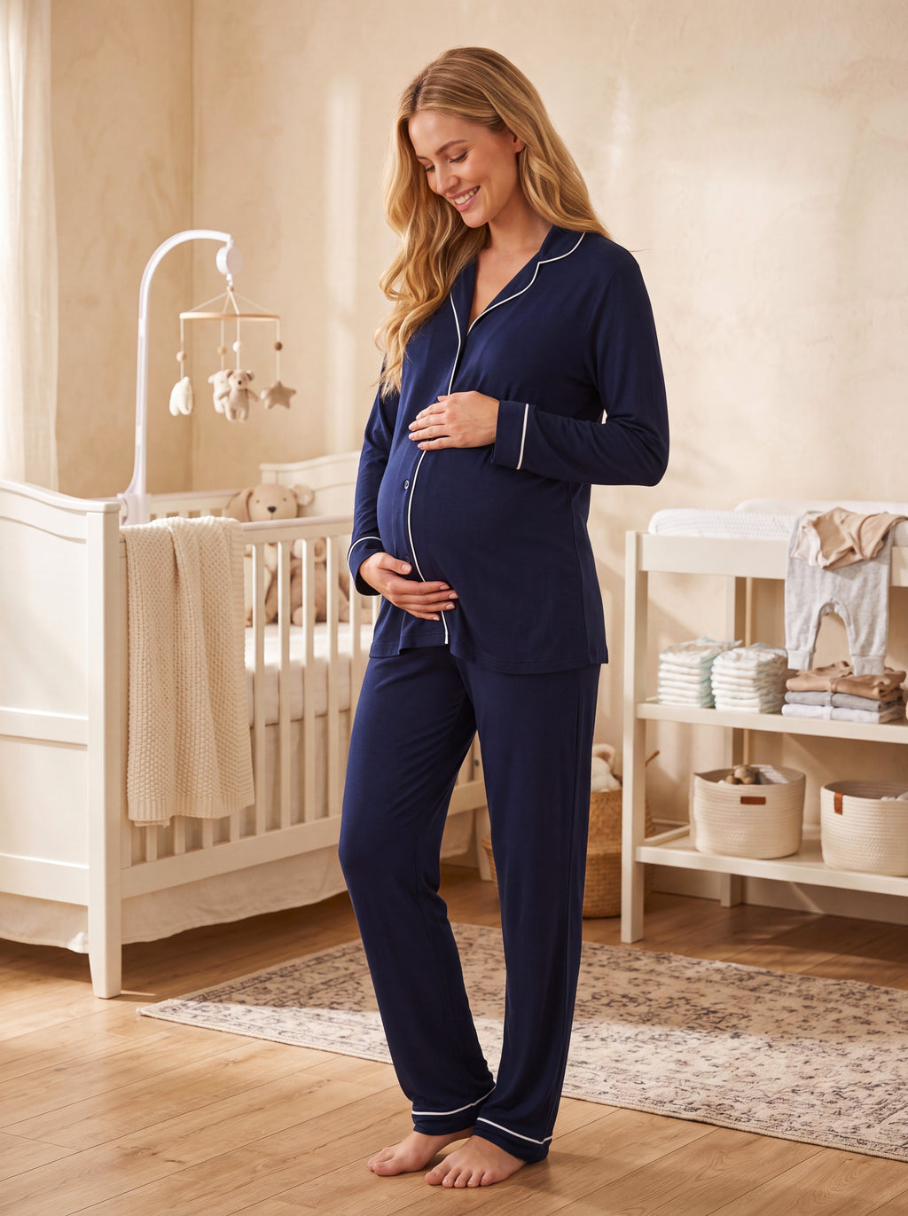 Yeni Sezon Lacivert Boydan Düğmeli Tasarım Biyeli Uzun Kollu %100 Pamuk Hamile Lohusa Pijama Takımı 18097
