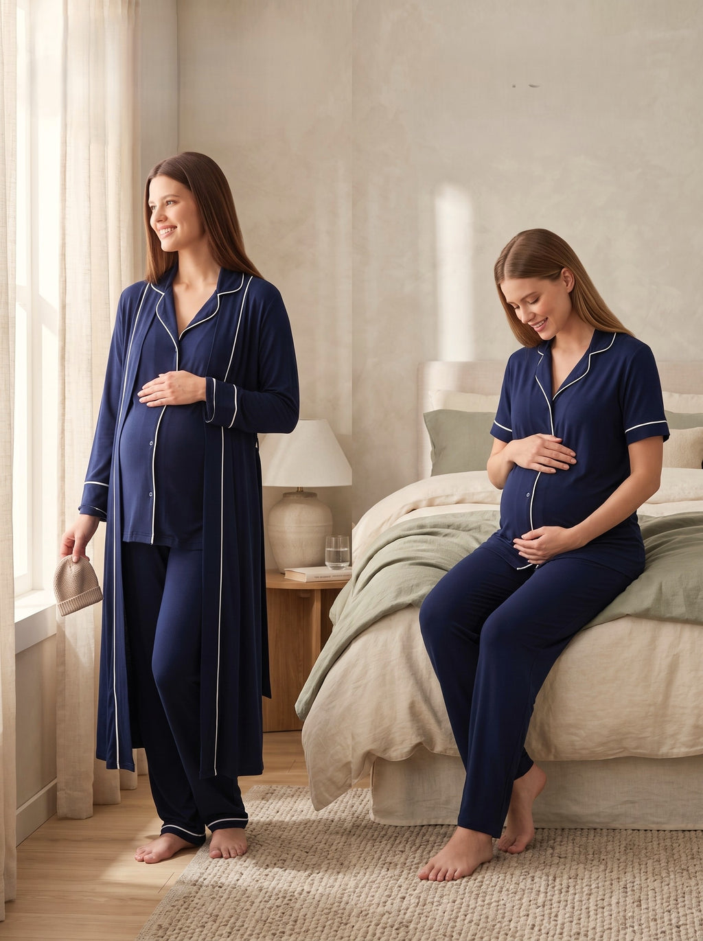 Yeni Sezon Lacivert Boydan Düğmeli Yazlık Tasarım Biyeli Kısa Kollu %100 Pamuk Hamile Lohusa Sabahlıklı Pijama Takımı Seti 18068
