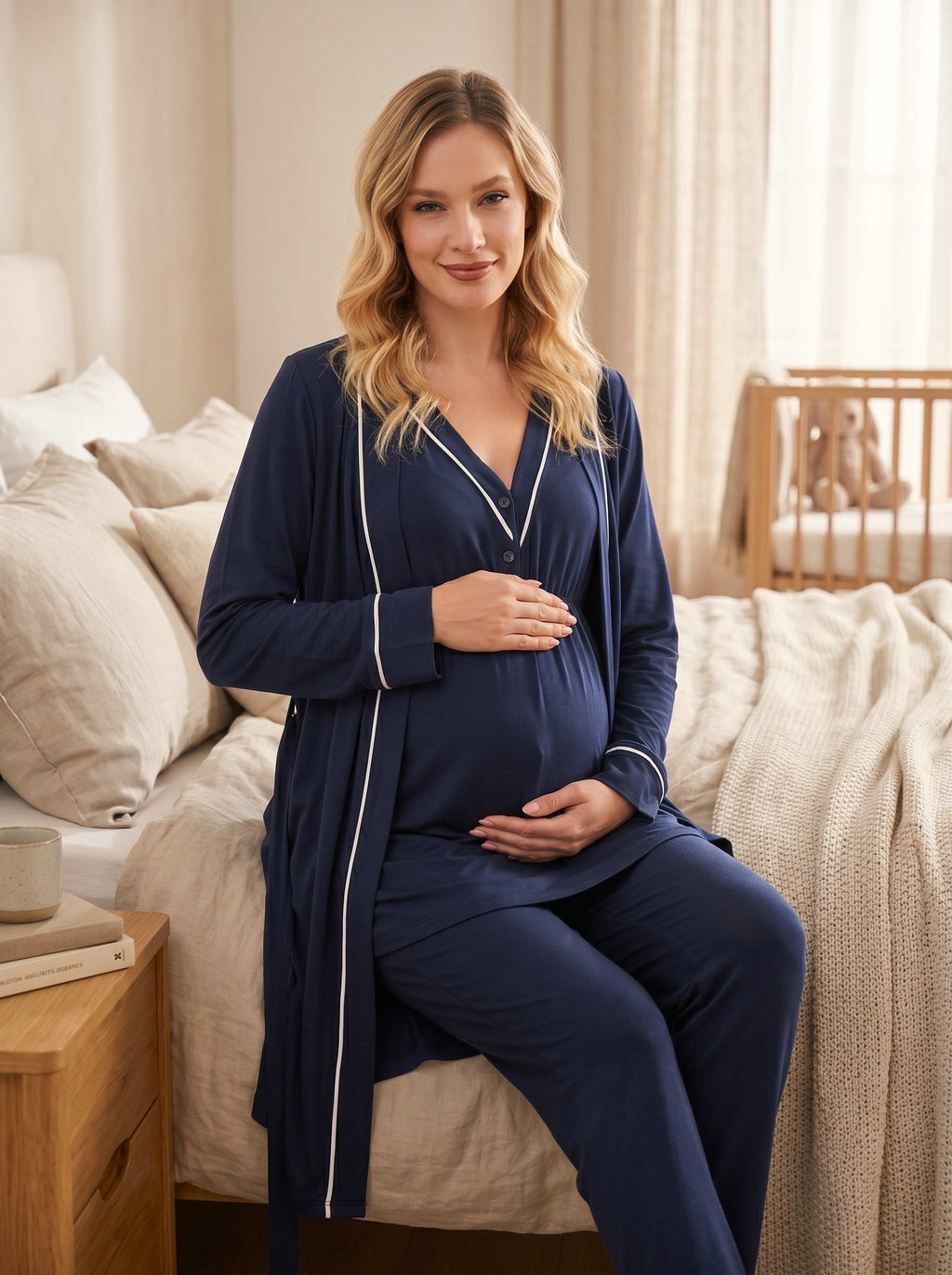 Yeni Sezon Lacivert Pamuk  Kısa Kol Yazlık Özel Tasarım Hamile Lohusa Sabahlıklı Pijama Takımı Seti T10