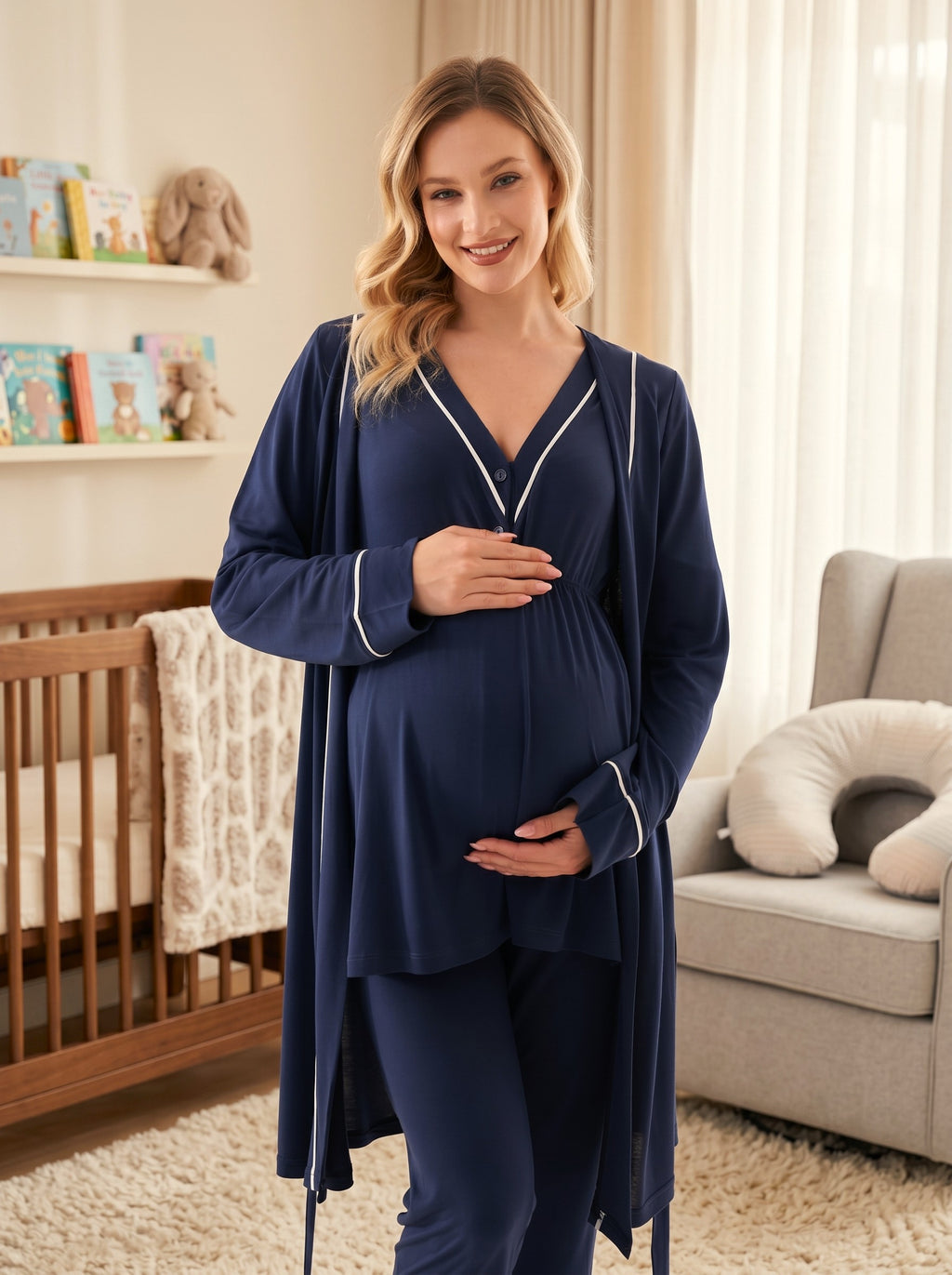 Yeni Sezon Lacivert Pamuk  Kısa Kol Yazlık Özel Tasarım Hamile Lohusa Sabahlıklı Pijama Takımı Seti T10