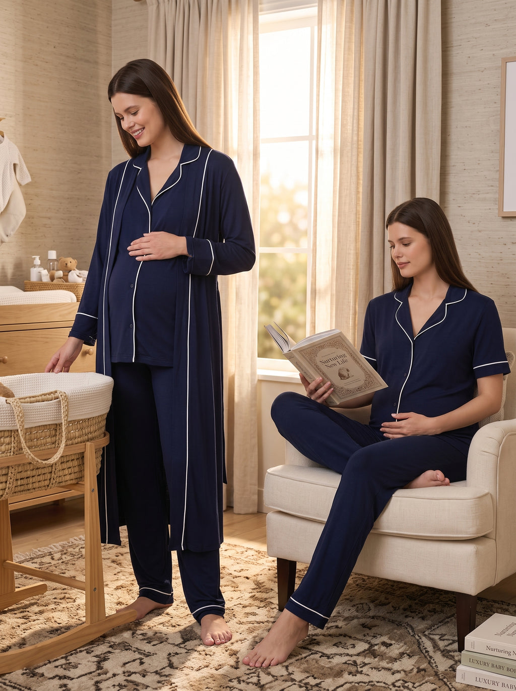 Yeni Sezon Lacivert Boydan Düğmeli Yazlık Tasarım Biyeli Kısa Kollu %100 Pamuk Hamile Lohusa Sabahlıklı Pijama Takımı Seti 18068