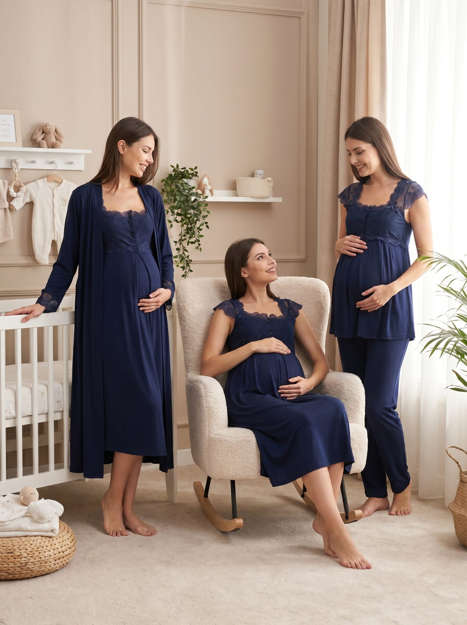 Yeni Sezon Lacivert Yazlık Dantel Detaylı Tasarım Geniş Askılı Hamile Lohusa Sabahlık Gecelik Pijama Takımı 4'Lü Lohusa Seti 12305