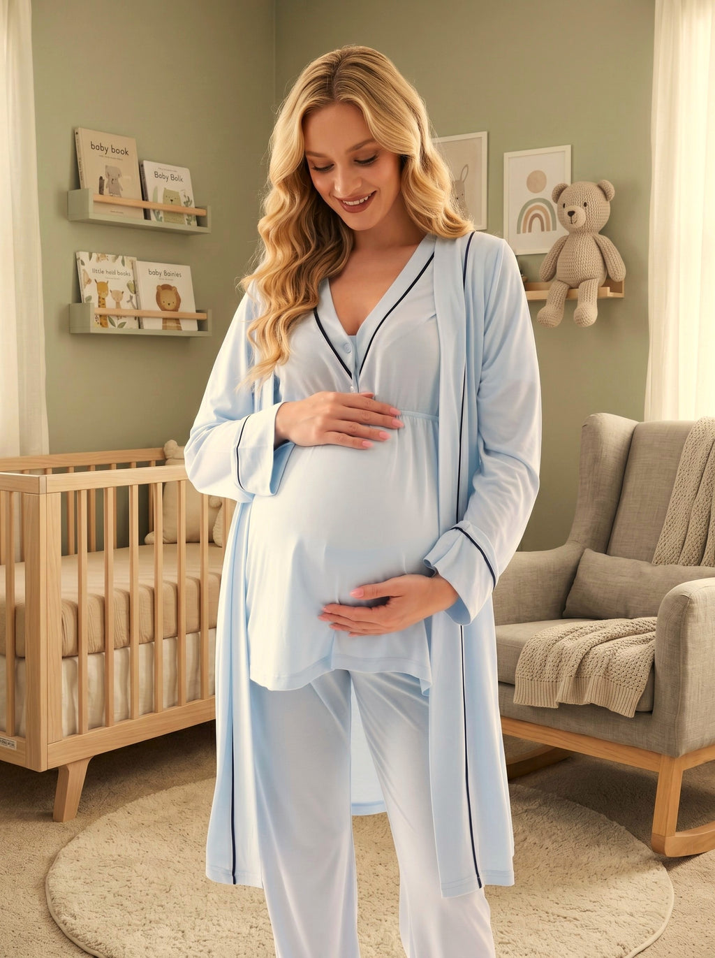 Yeni Sezon Mavi Pamuk  Kısa Kol Yazlık Özel Tasarım Hamile Lohusa Sabahlıklı Pijama Takımı Seti T10
