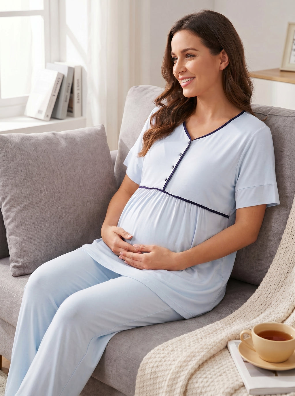 Yeni Sezon Mavi Volan Kollu Biyeli %100 Pamuk Yazlık Özel Tasarım Hamile Lohusa Sabahlıklı Pijama Takımı Seti 2045
