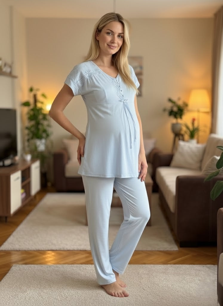 Yeni Sezon Mavi Dantel Detaylı Yazlık Düğmeli Kısa Kol Hamile Lohusa Pijama Takımı 6222
