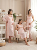Yeni Sezon Pembe Yazlık Dantel Detaylı Tasarım Geniş Askılı Hamile Lohusa Sabahlık Gecelik Pijama Takımı 4'Lü Lohusa Seti 12305
