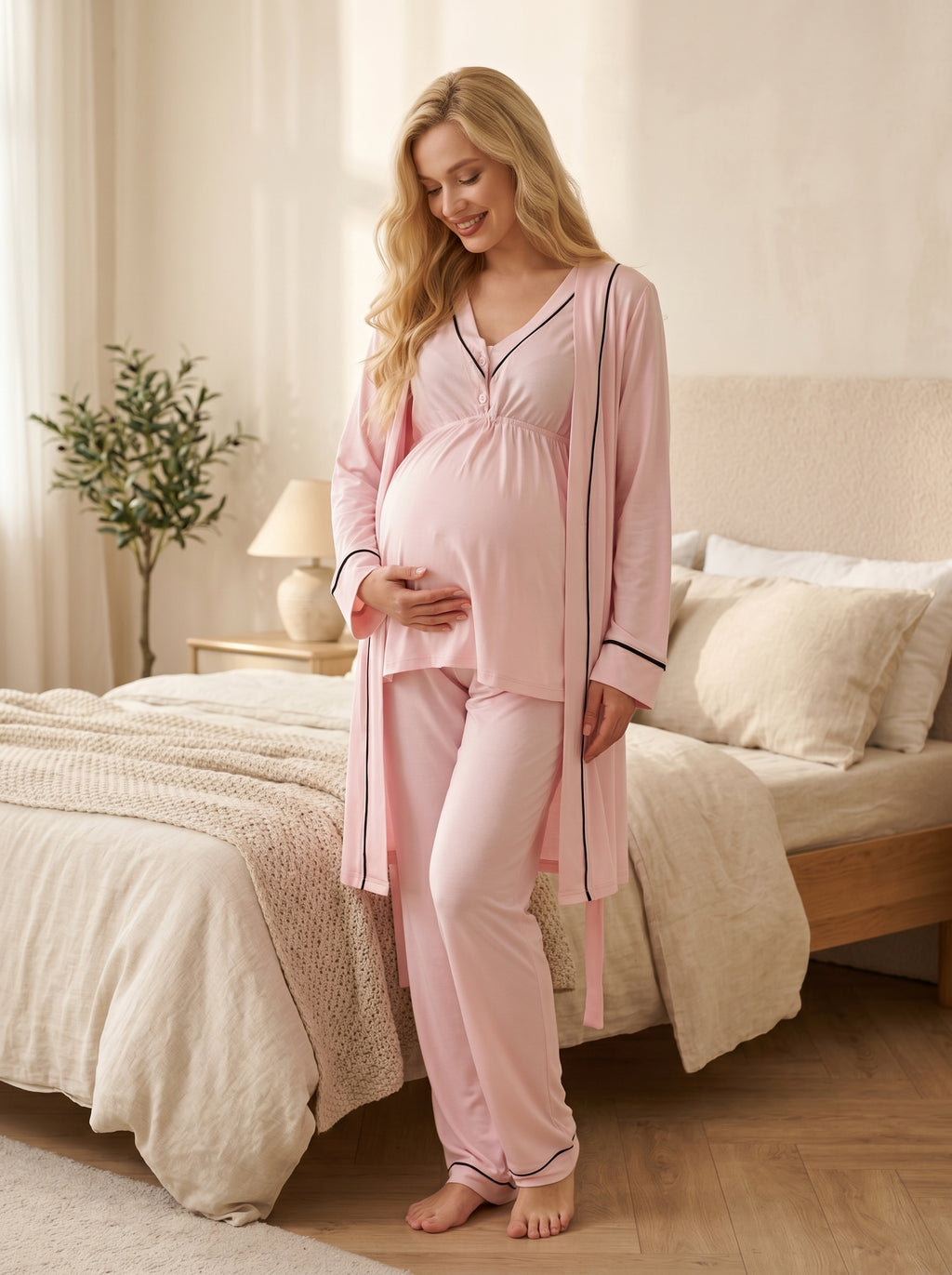 Yeni Sezon Pembe Pamuk  Kısa Kol Yazlık Özel Tasarım Hamile Lohusa Sabahlıklı Pijama Takımı Seti T10