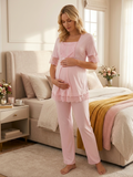 Yeni Sezon Pembe Dantel Detaylı Yazlık Düğmeli Kısa Kol Hamile %100 Pamuk Lohusa Pijama Takımı 16032