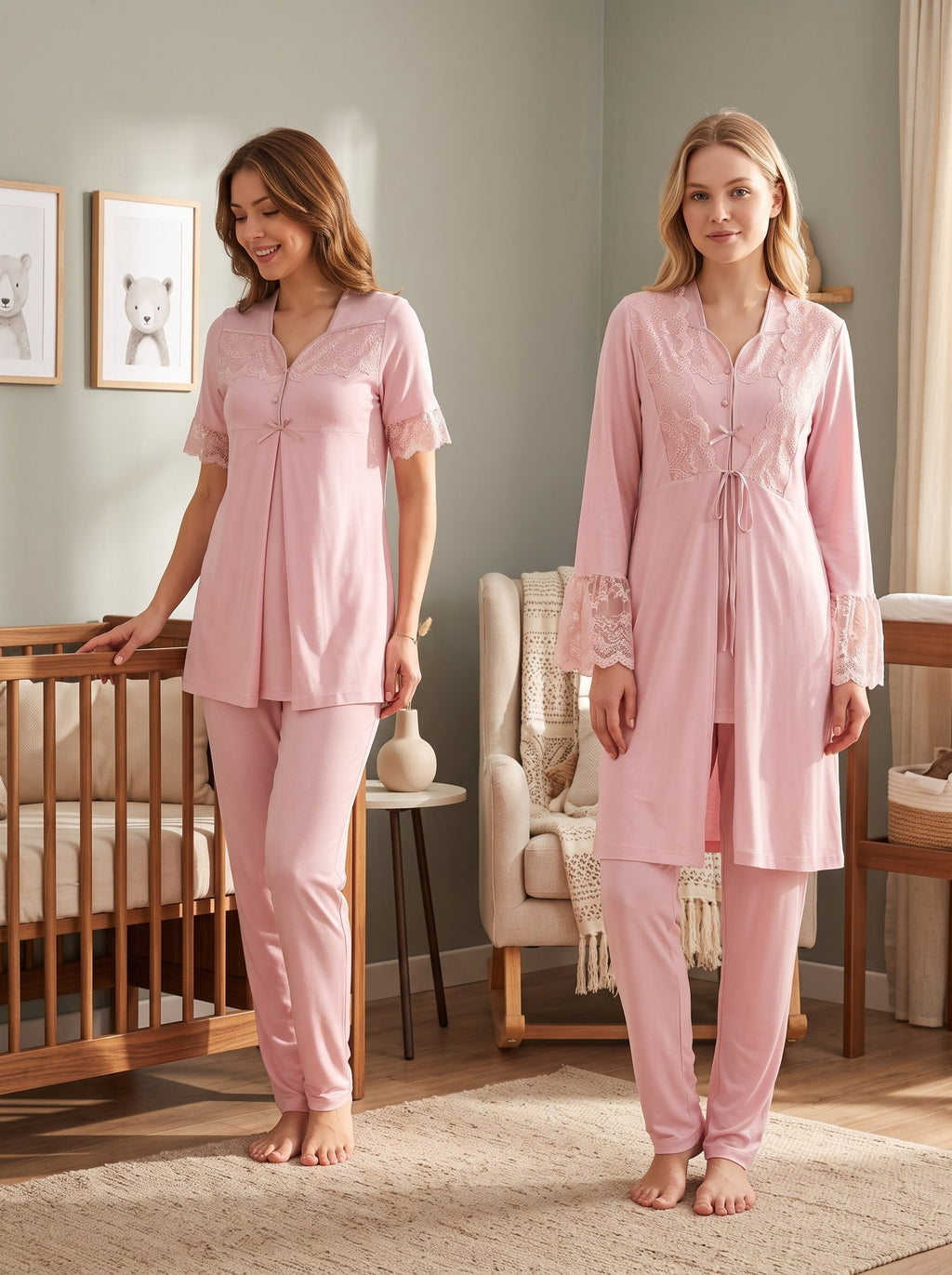Yeni Sezon Pembe Şık Dantel Detaylı Emzirme Özellikli Tasarım Kısa Kollu Hamile Lohusa Sabahlıklı Pijama Takımı Seti 19014