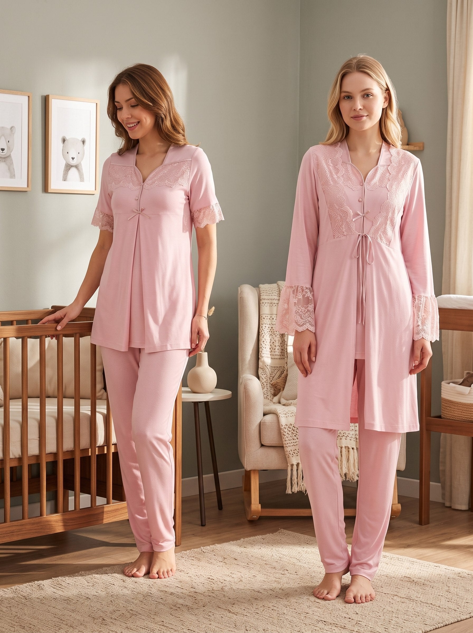 Yeni Sezon Pembe Şık Dantel Detaylı Emzirme Özellikli Tasarım Kısa Kollu Hamile Lohusa Sabahlıklı Pijama Takımı Seti 19014