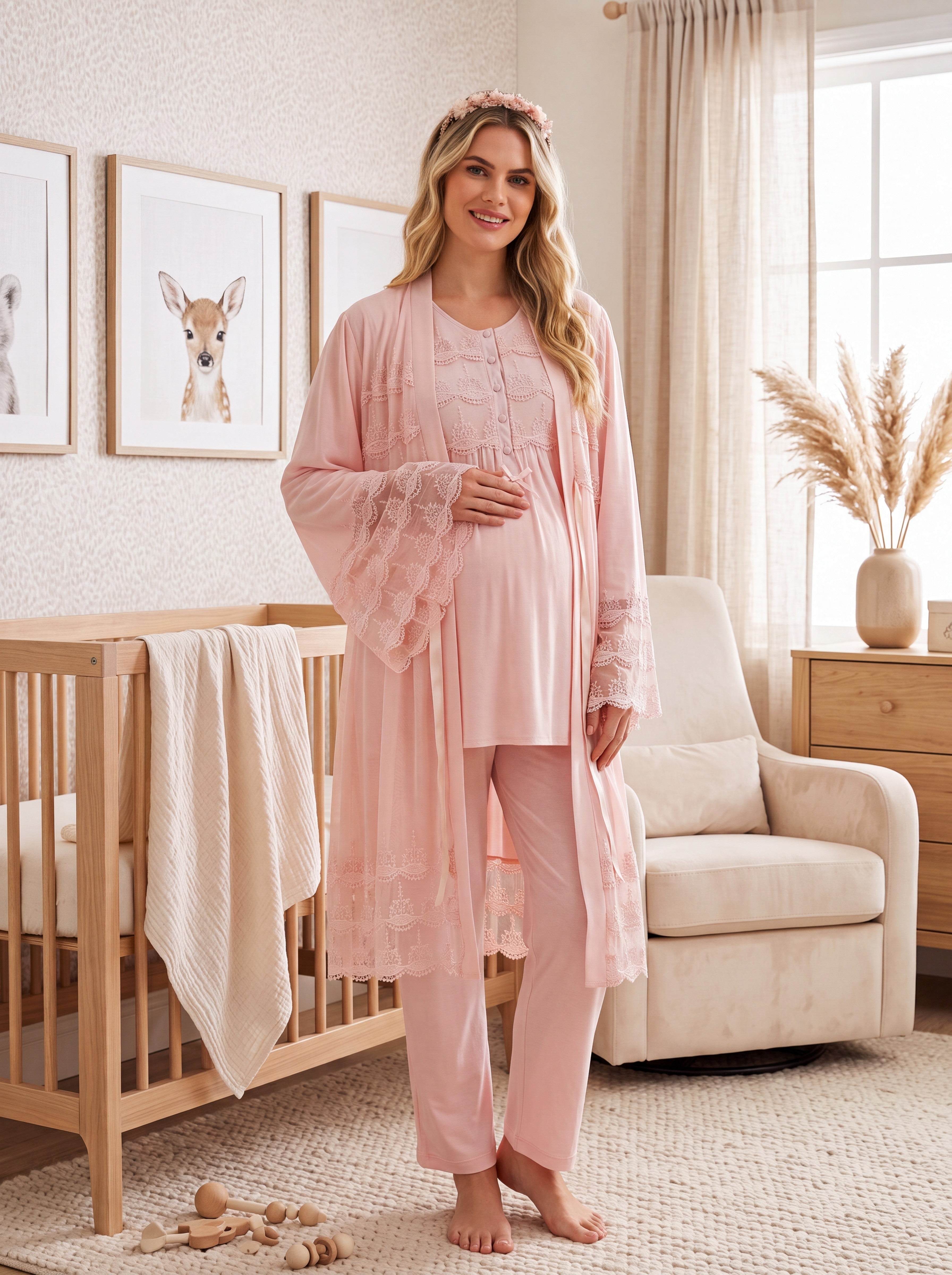 Yeni Sezon Pembe Özel Dantel Detaylı Tasarım Emzirme Özellikli Kısa Kollu Hamile Lohusa Sabahlıklı Pijama Takımı Seti 33010