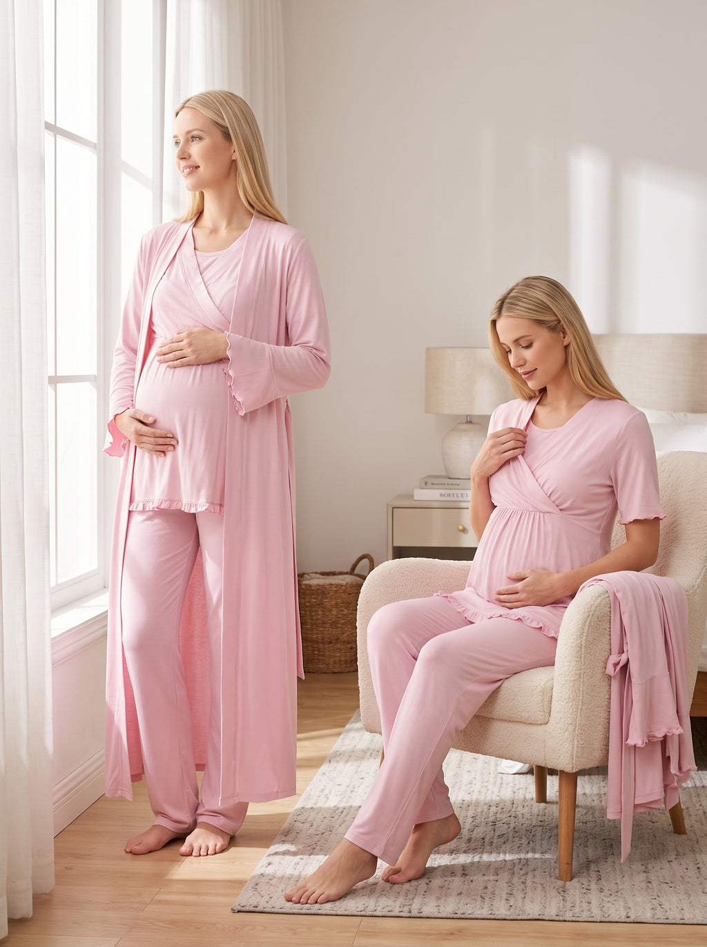 Yeni Sezon Pudra Uzun Sabahlıklı Kruvaze Yakalı Özel Tasarım Emzirme Özellikli %100 Pamuk Hamile Lohusa Sabahlıklı Pijama Takımı Seti 13034
