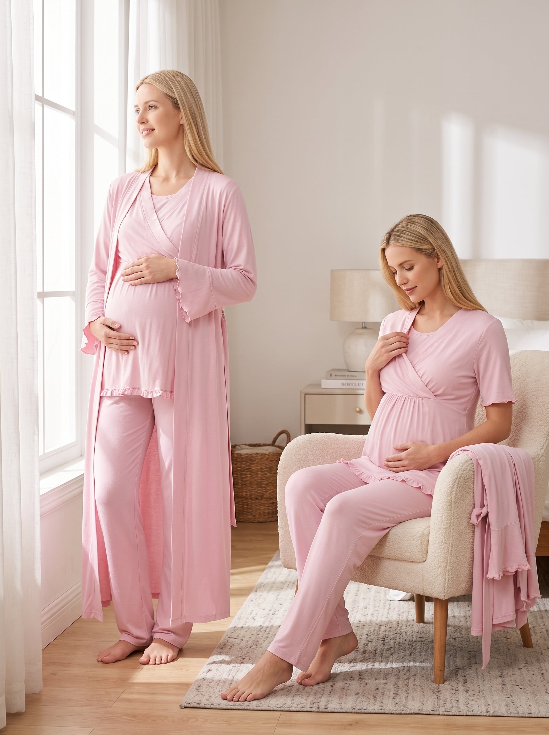 Yeni Sezon Pudra Uzun Sabahlıklı Kruvaze Yakalı Özel Tasarım Emzirme Özellikli %100 Pamuk Hamile Lohusa Sabahlıklı Pijama Takımı Seti 13034