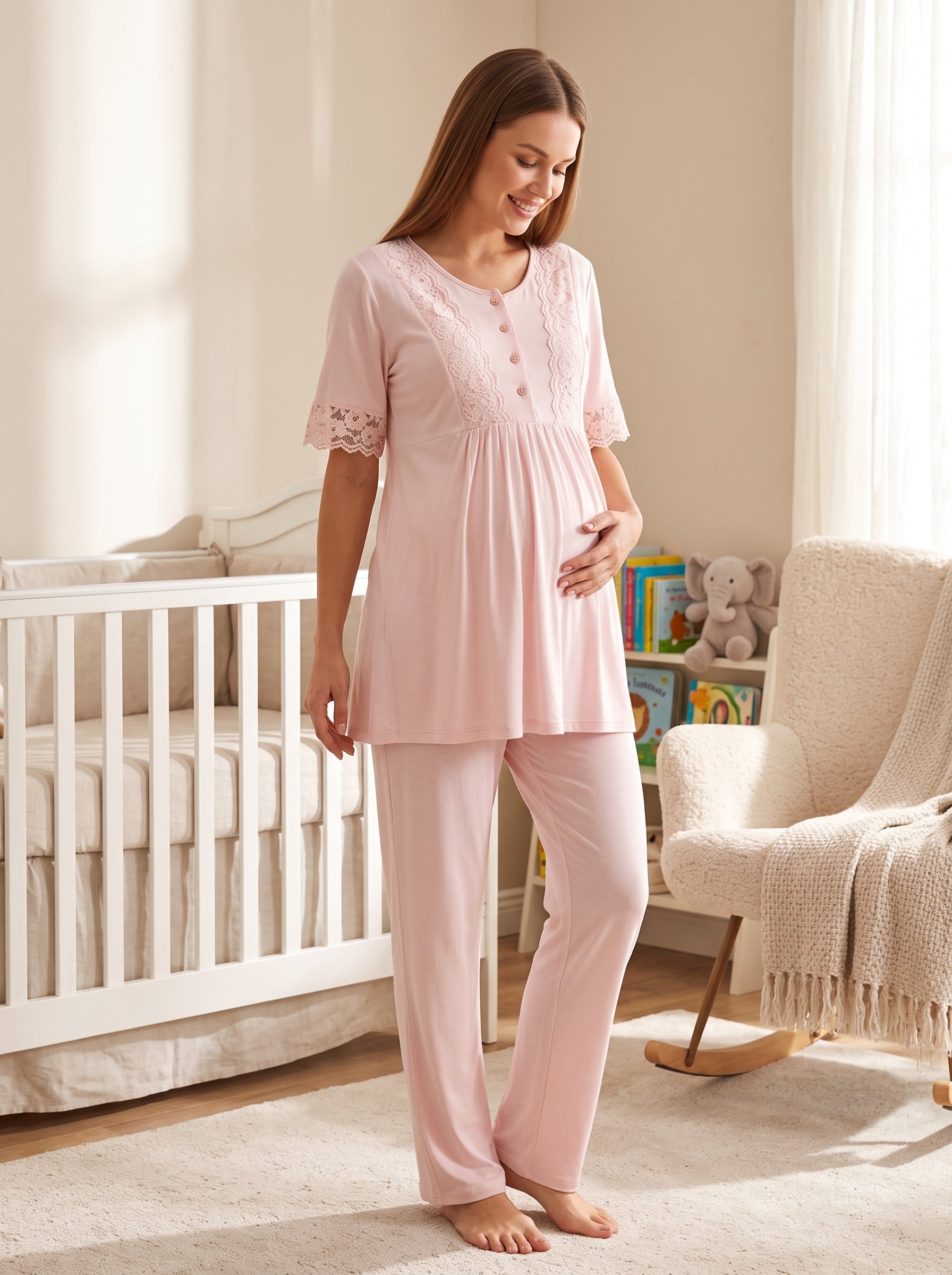 Yeni Sezon Pembe Çiçek Desenli Dantel Detaylı Tasarım Düğmeli Kısa Kol %100 Pamuk Hamile Lohusa Sabahlıklı Pijama Takımı Seti R715