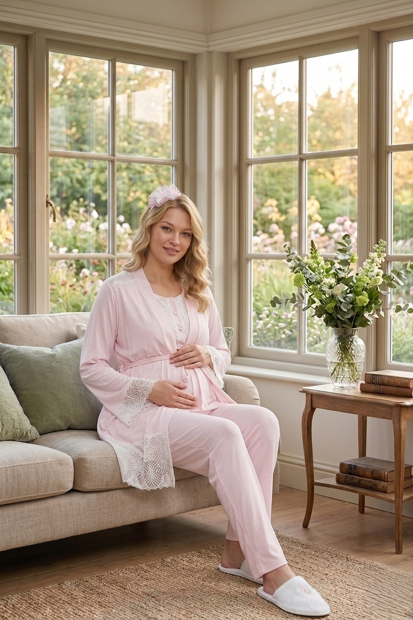 Yeni Sezon Pembe Özel Dantel Detaylı Tasarım %100 Pamuk Hamile Lohusa Sabahlıklı Pijama Takımı Seti 6203