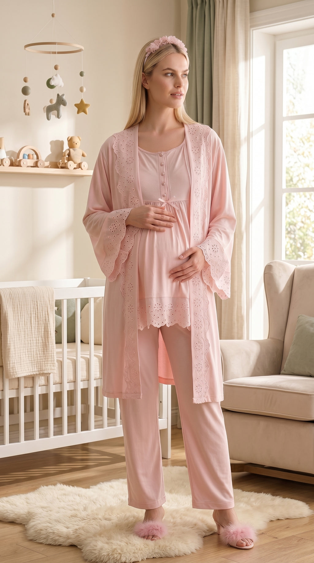 Yeni Sezon Pudra Fisto Keten Detaylı Özel Tasarım %100 Pamuk Emzirme Özellikli Hamile Lohusa Sabahlıklı Pijama Takımı Seti 33011